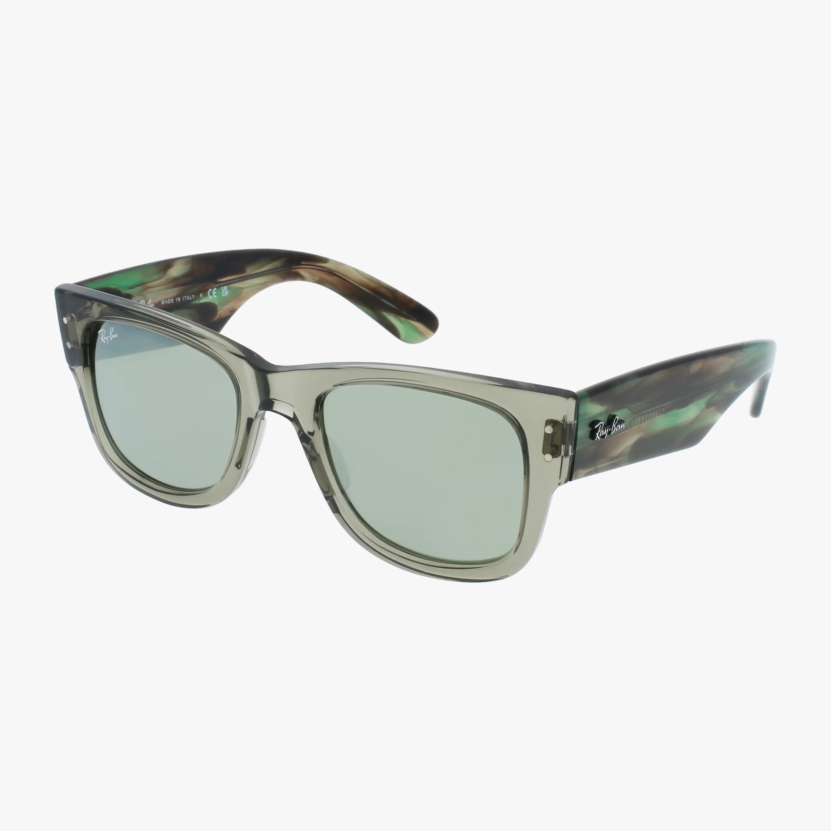 Transparent gray square-framed RB0840S MEGA WAYFARER sunglasses feature green-tinted lenses and marbled green and brown arms, highlighting a cutting-edge design against a white background.