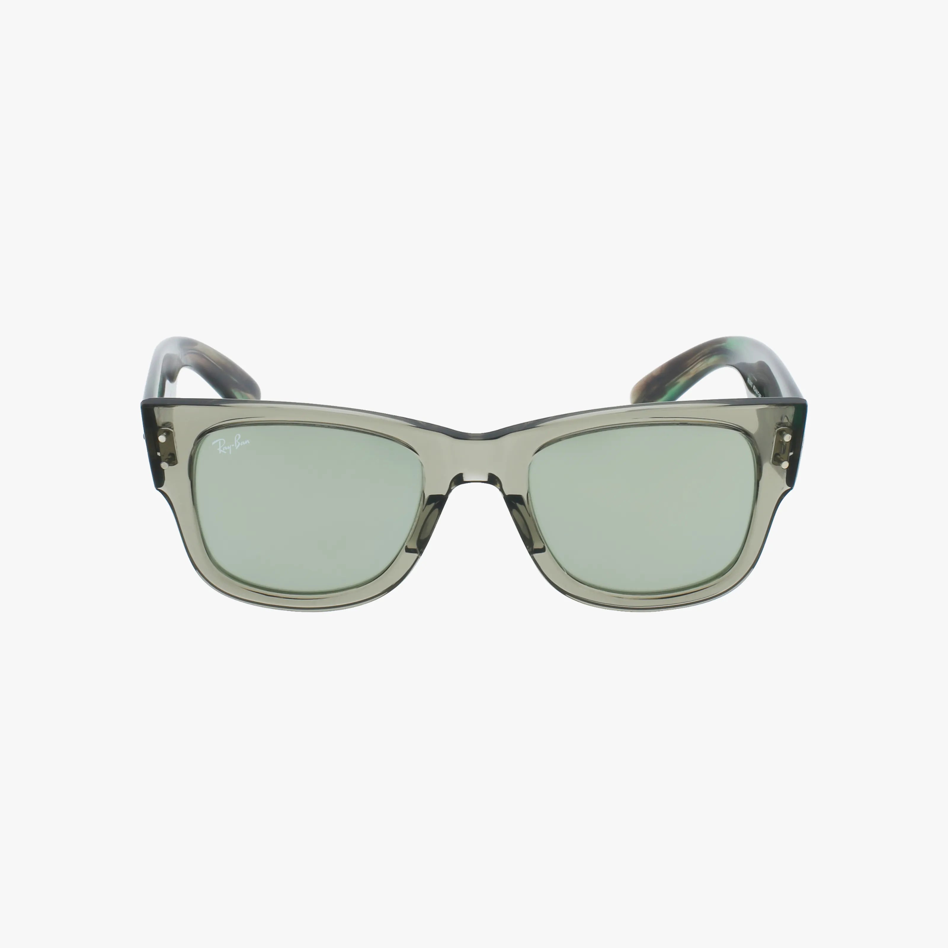 The RB0840S MEGA WAYFARER sunglasses feature a rectangular shape, light gray transparent frames, and green-tinted lenses with a cutting-edge design, shown from the front on a white background.