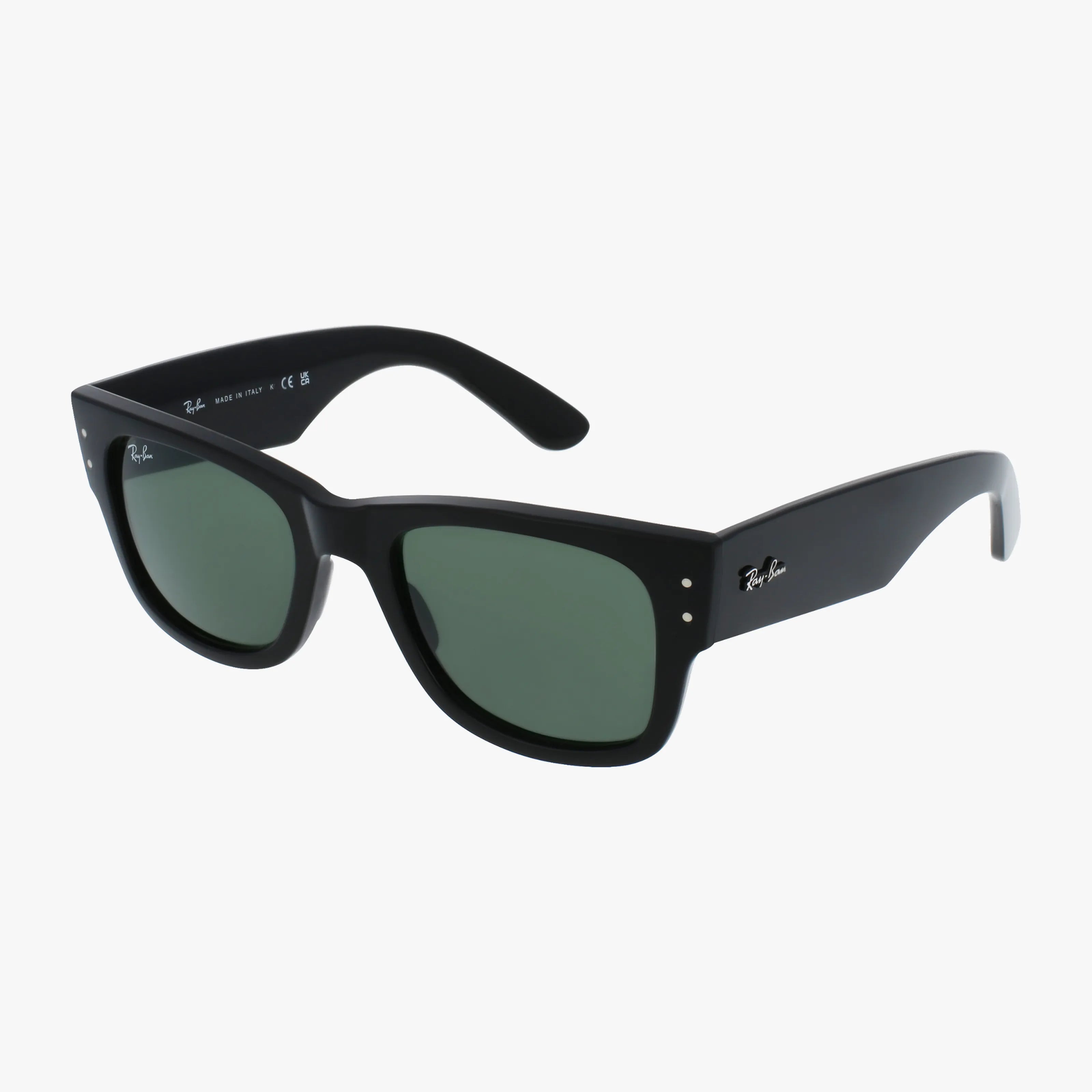 A pair of black Ray-Ban RB0840S MEGA WAYFARER sunglasses with dark green lenses is shown on a white background. The Ray-Ban logo appears on the right lens and left arm, emphasizing their modern design.