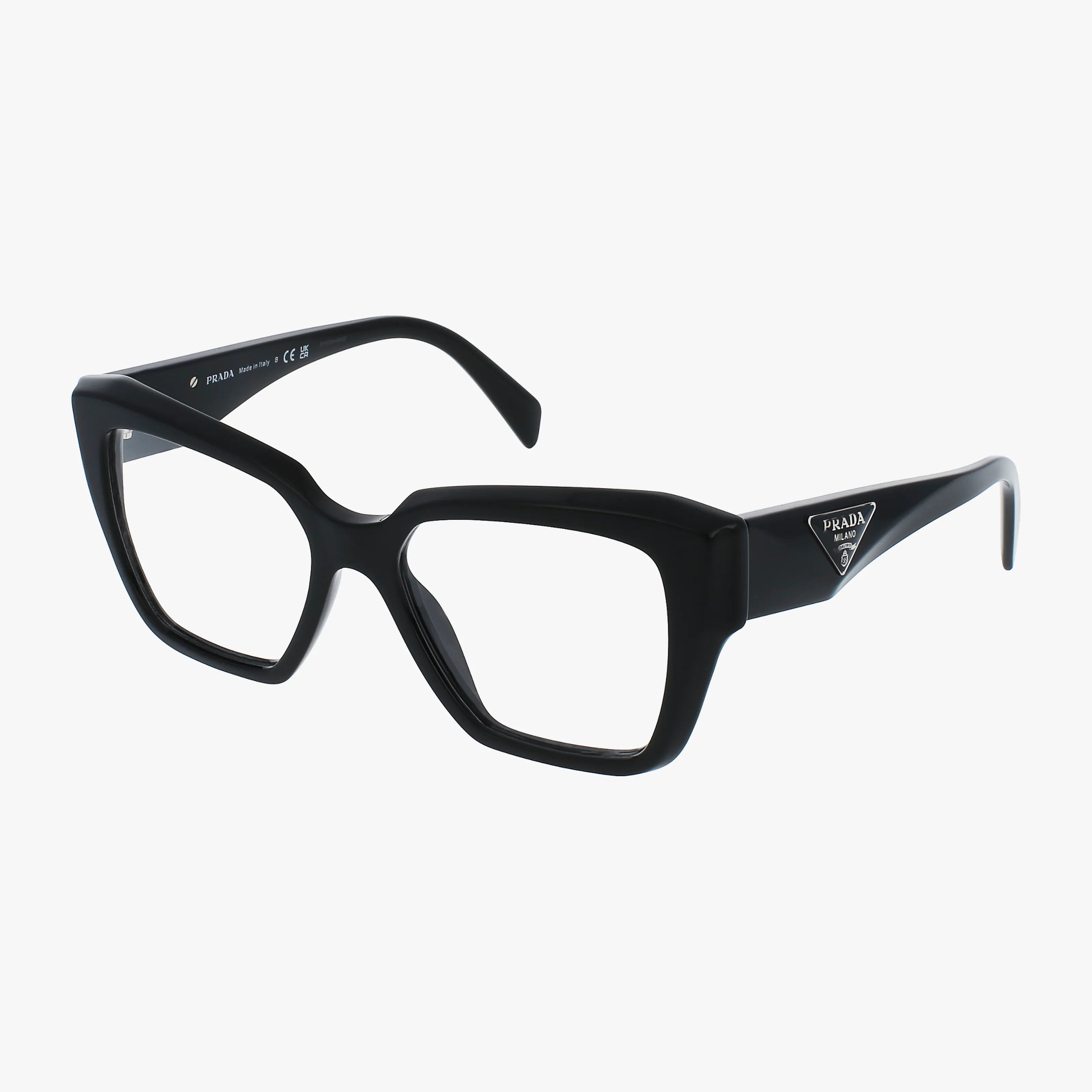 Black, rectangular Prada PR09ZV eyeglasses with a stylish thick acetate frame and a subtle Prada logo on the temples, shown against a plain white background.