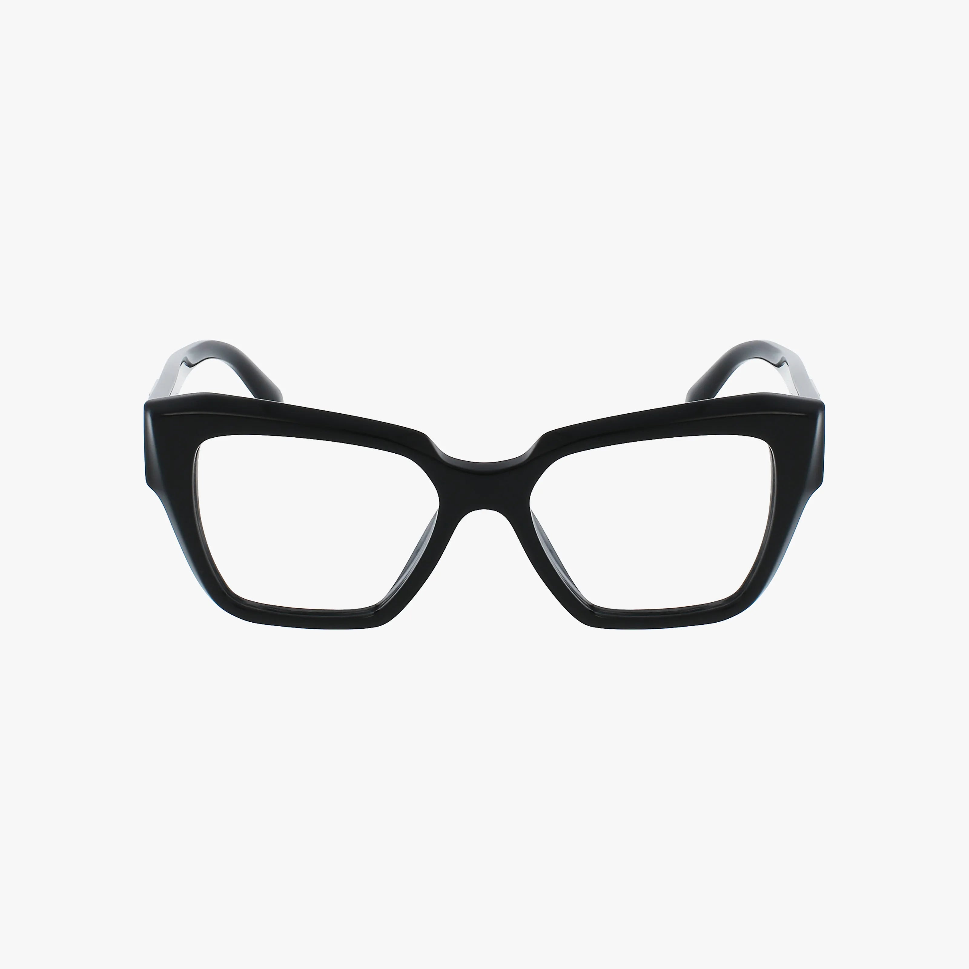 The PR09ZV black cat-eye eyeglasses feature a stylish, thick frame and are shown front-facing on a white background—ideal for a secure fit and available with optional Transitions lenses.