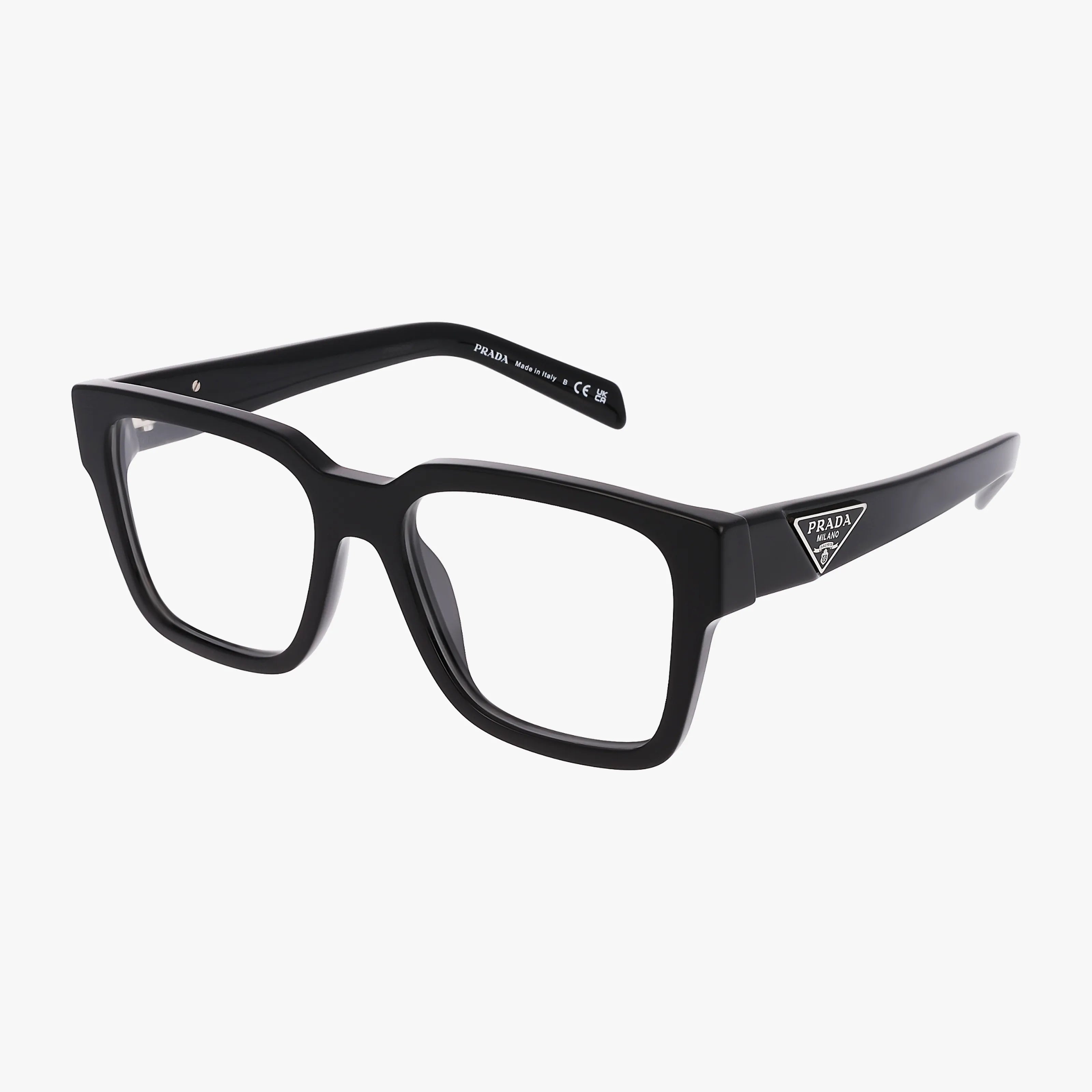 The PR08ZV eyeglasses feature a black rectangular frame with thick temples and the Prada logo, offering a modern style. Displayed on a white background.