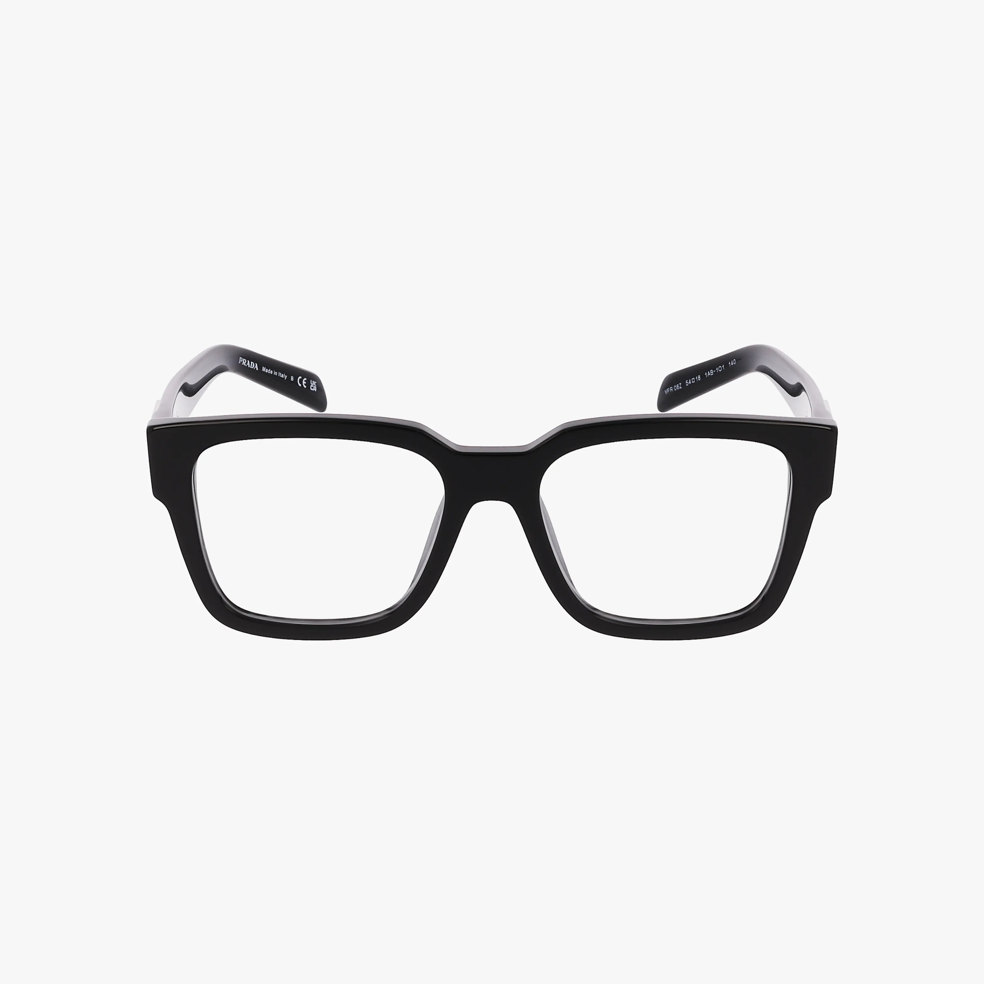 The PR08ZV features black rectangular eyeglass frames with a resilient build and clear lenses, displayed against a plain white background.