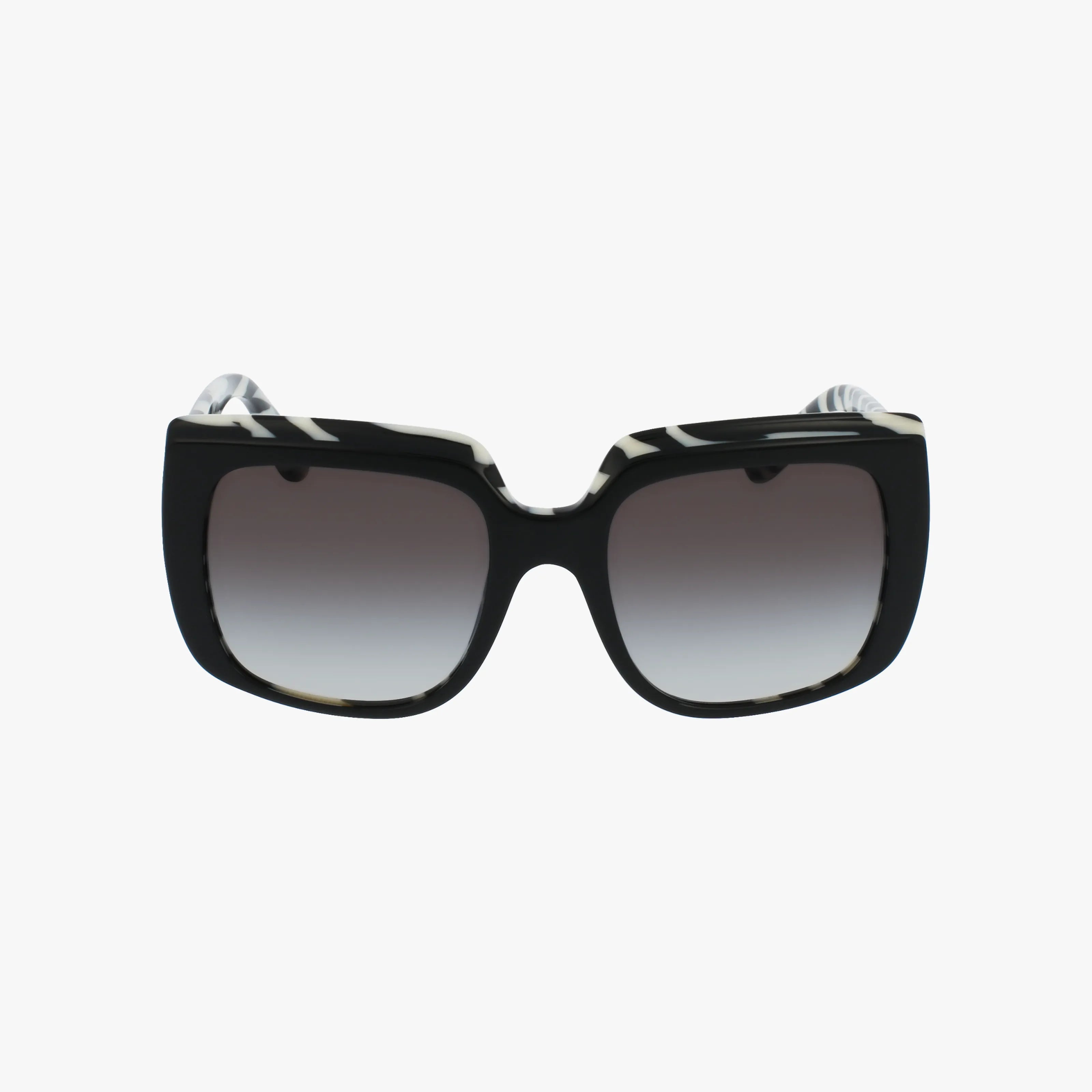 Front view of DG4414 premium sunglasses with an oversized black square frame, gradient dark-to-light lenses, and subtle white marbled accents on the top edges for bold style and UV protection.
