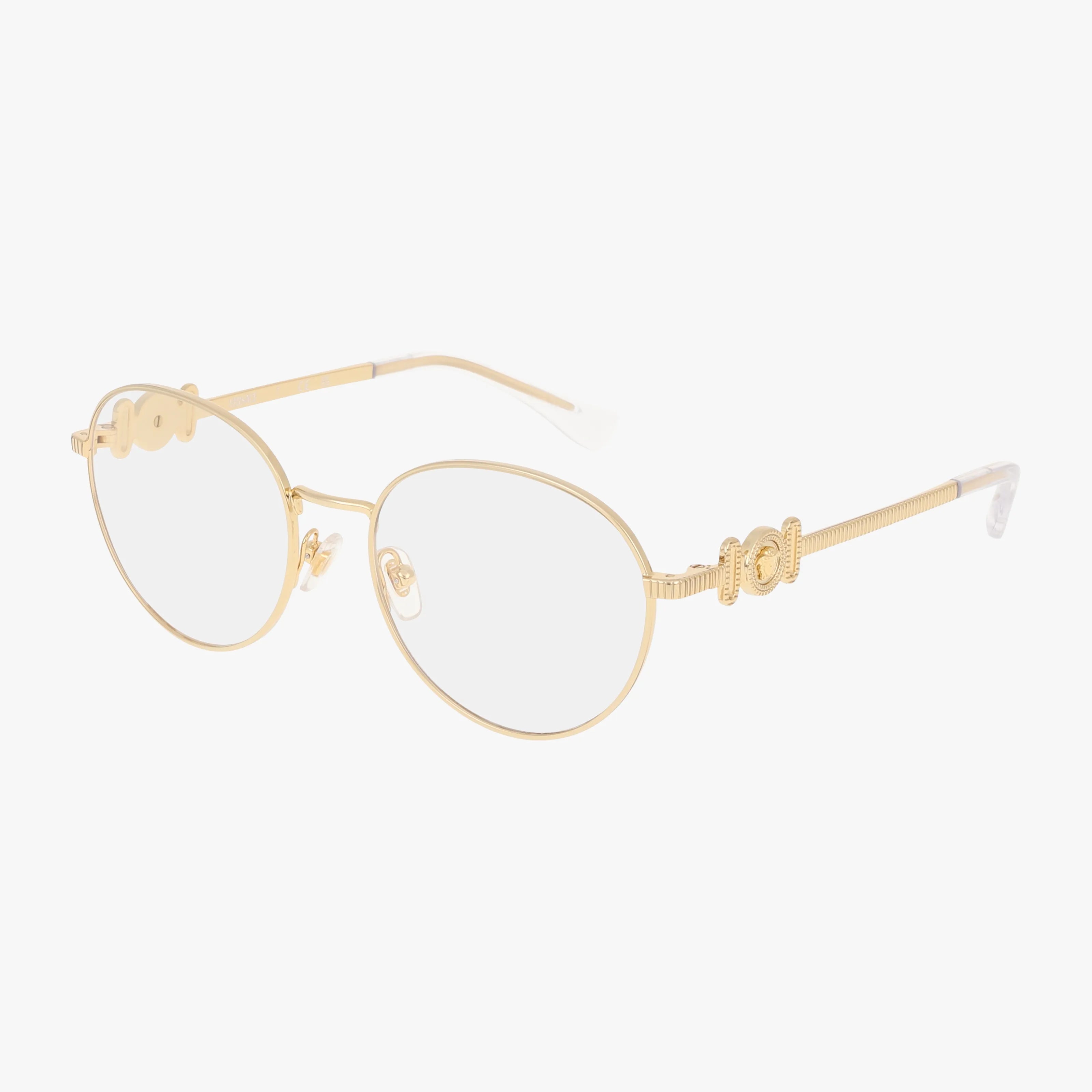 VK1002 gold metal round eyeglasses with clear lenses, embellished with a double C logo on the temples and clear nose pads—designed to help you stand out as Head of the Class. Shown on a white background.