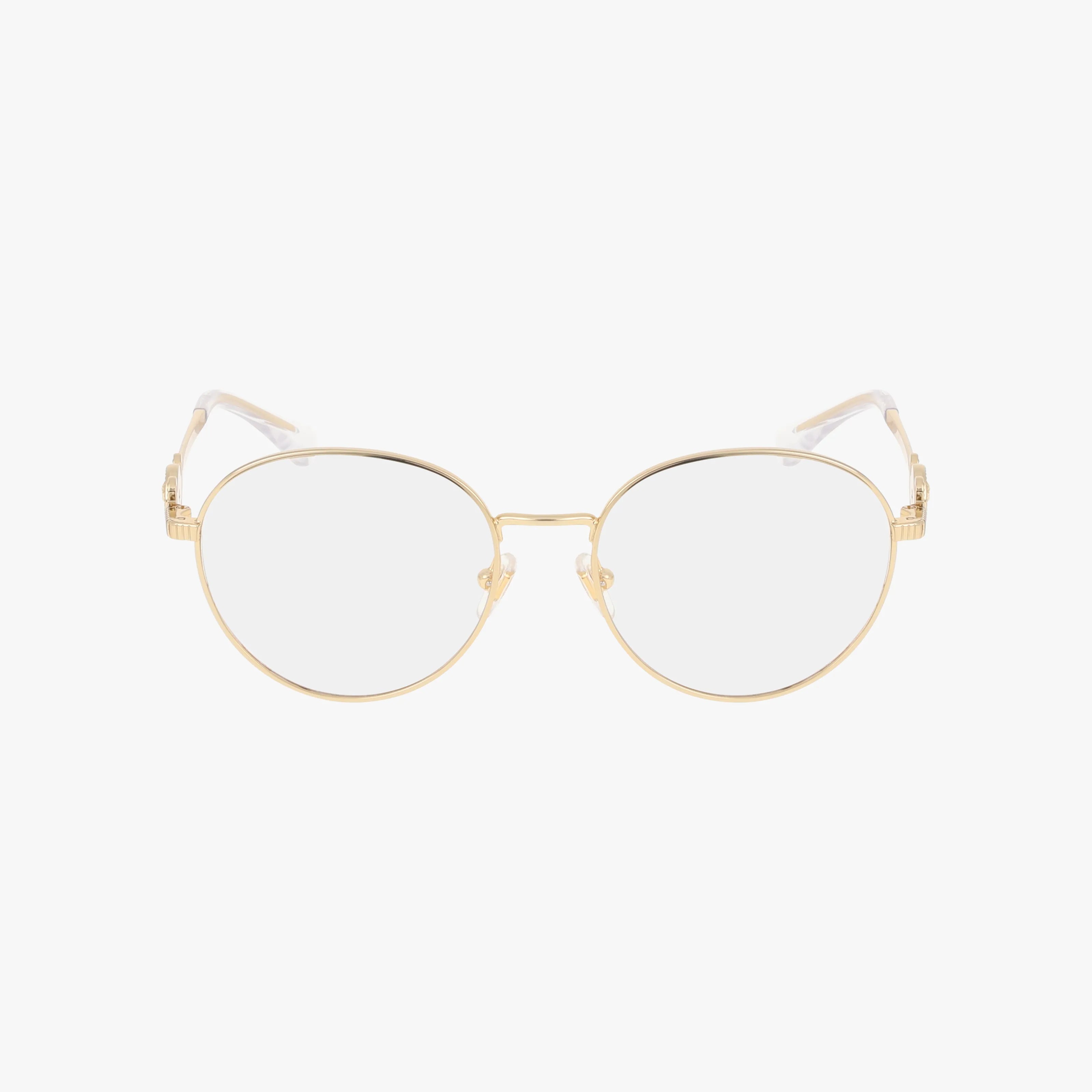 The VK1002 eyeglasses feature thin, round gold metal frames and clear lenses, designed to stand out elegantly against a white background.