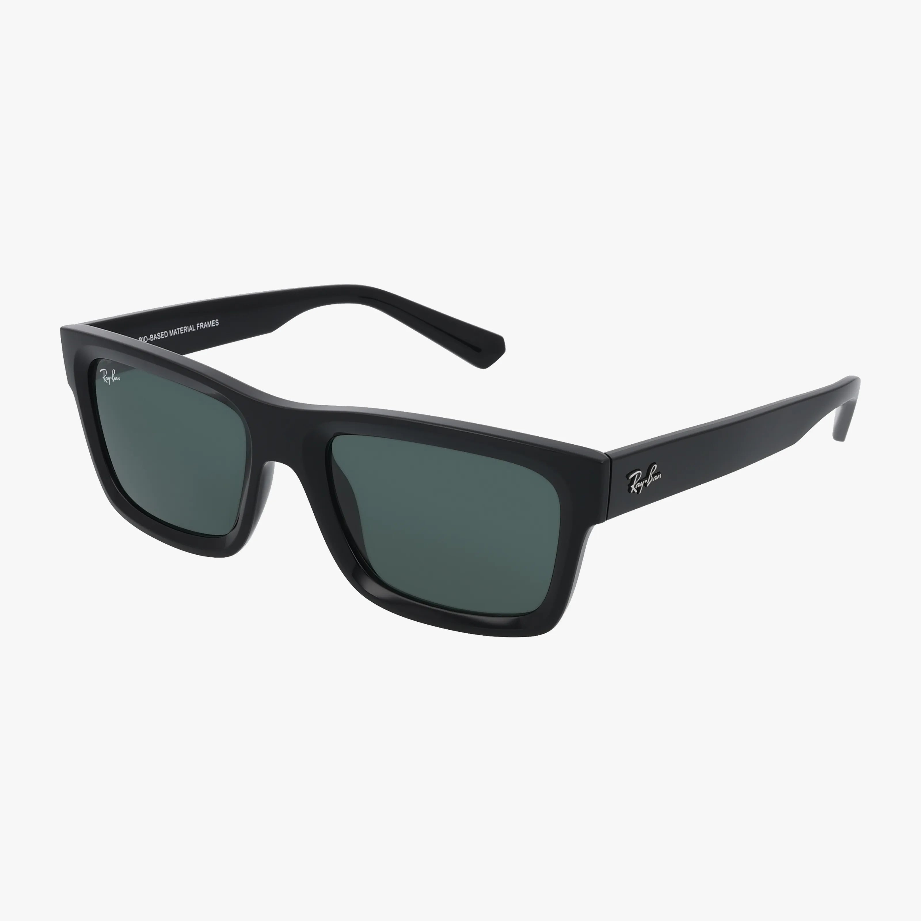 RB4396 WARREN: Black rectangular Ray-Ban sunglasses featuring dark green lenses and a thick frame, shown on a white background. Ray-Ban logos appear on the right lens and left temple for signature style and sun protection.