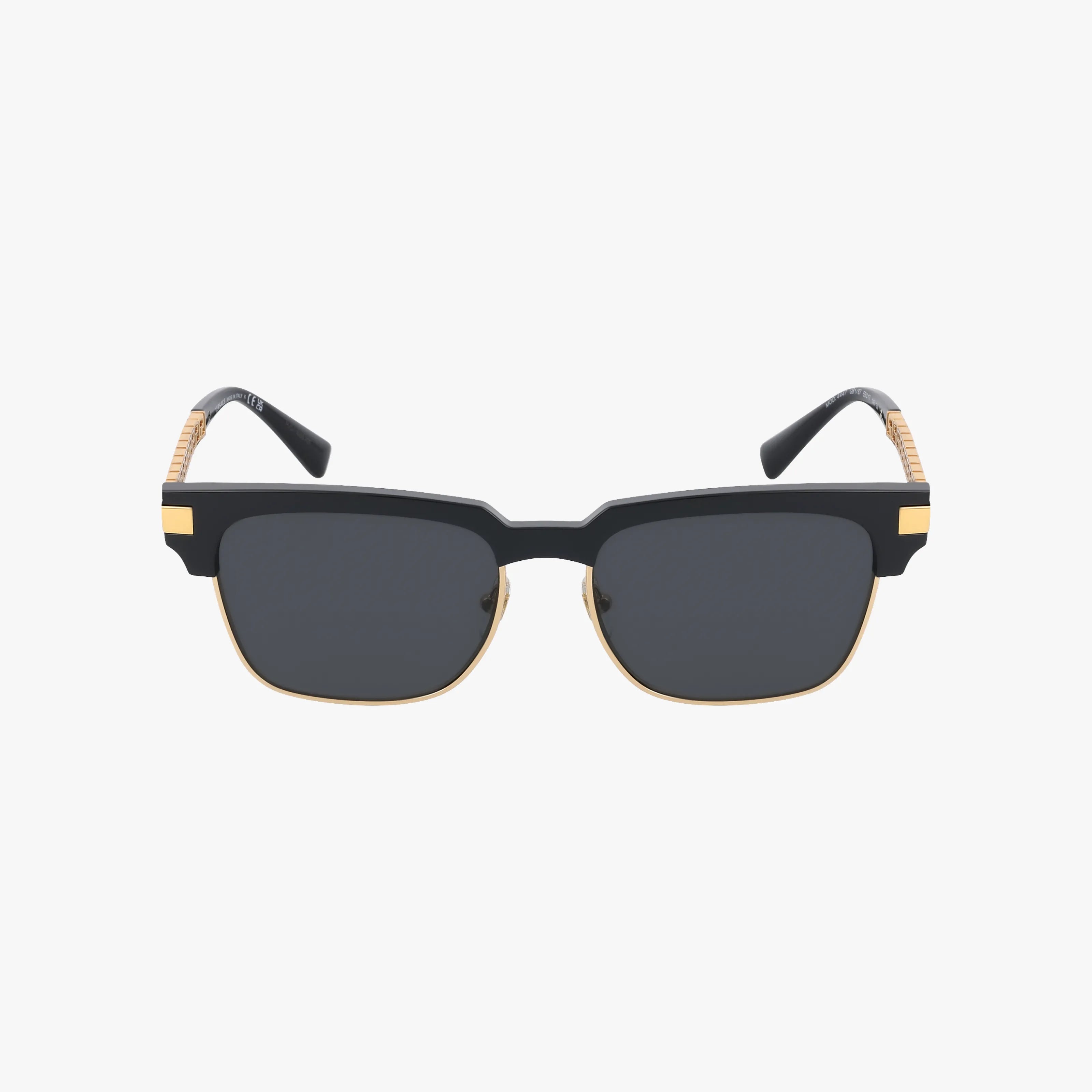 VE4447 black rectangular sunglasses feature gold accents on the rims and temples. Displayed on a white background, these bold, modern frames have dark lenses that ensure essential UV protection for your eyes.