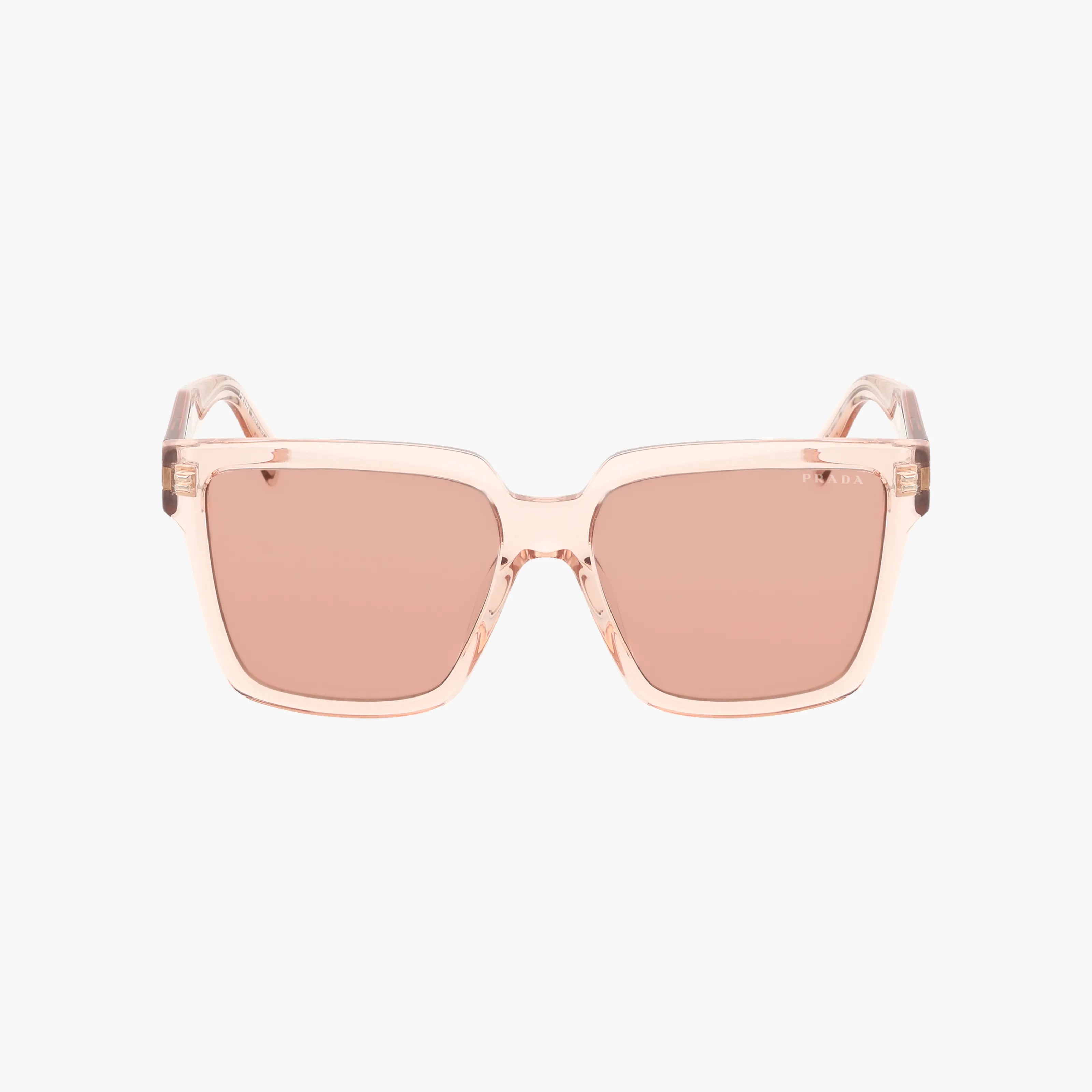 The PR24ZS sunglasses feature a rectangular modern design with transparent light pink frames and matching lenses, shown on a plain white background. These stylish shades offer a durable frame for everyday use.