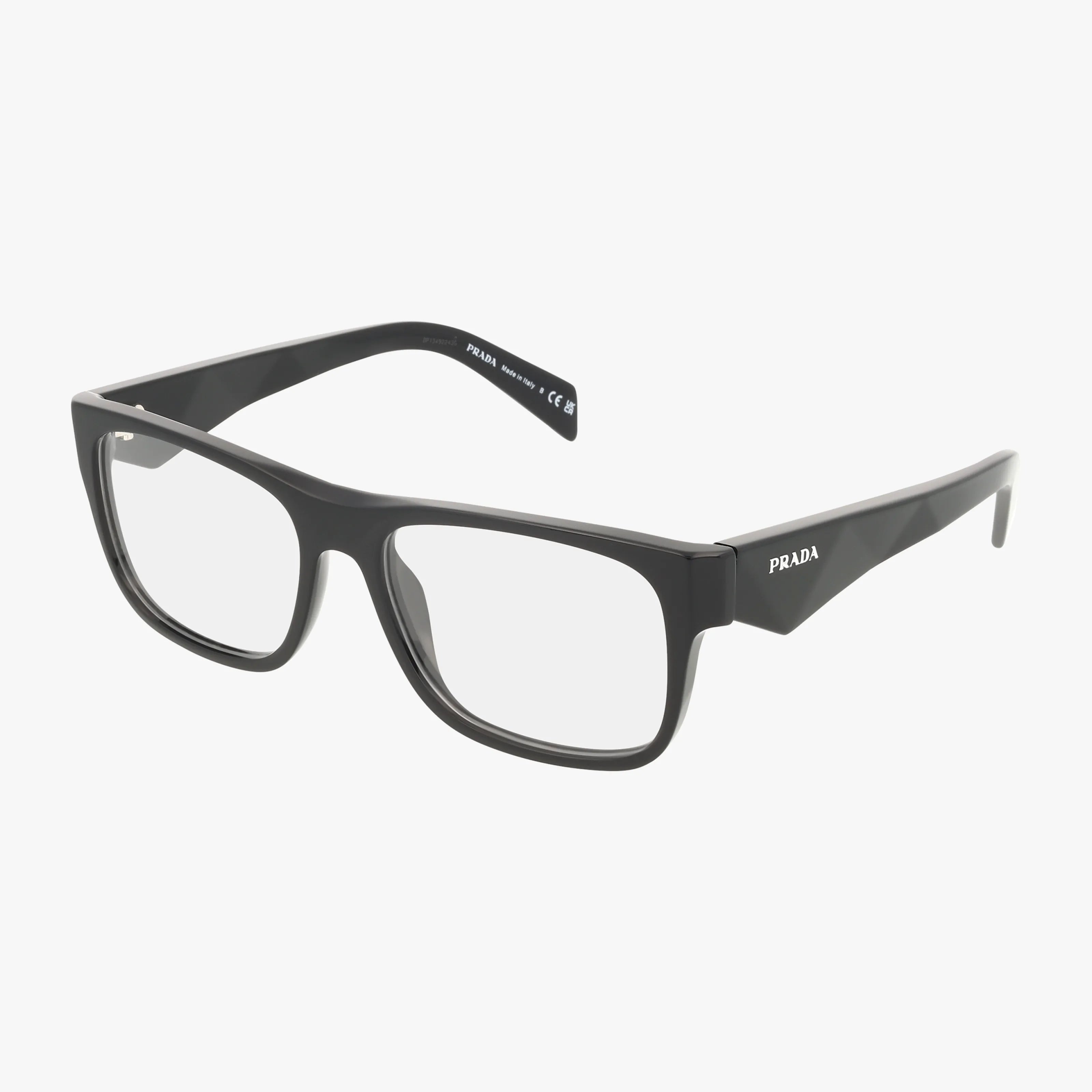 The PR22ZV is a pair of black Prada rectangular eyeglasses with thick temples, clear lenses, and the iconic Prada logo—stylish and durable frames displayed on a white background.