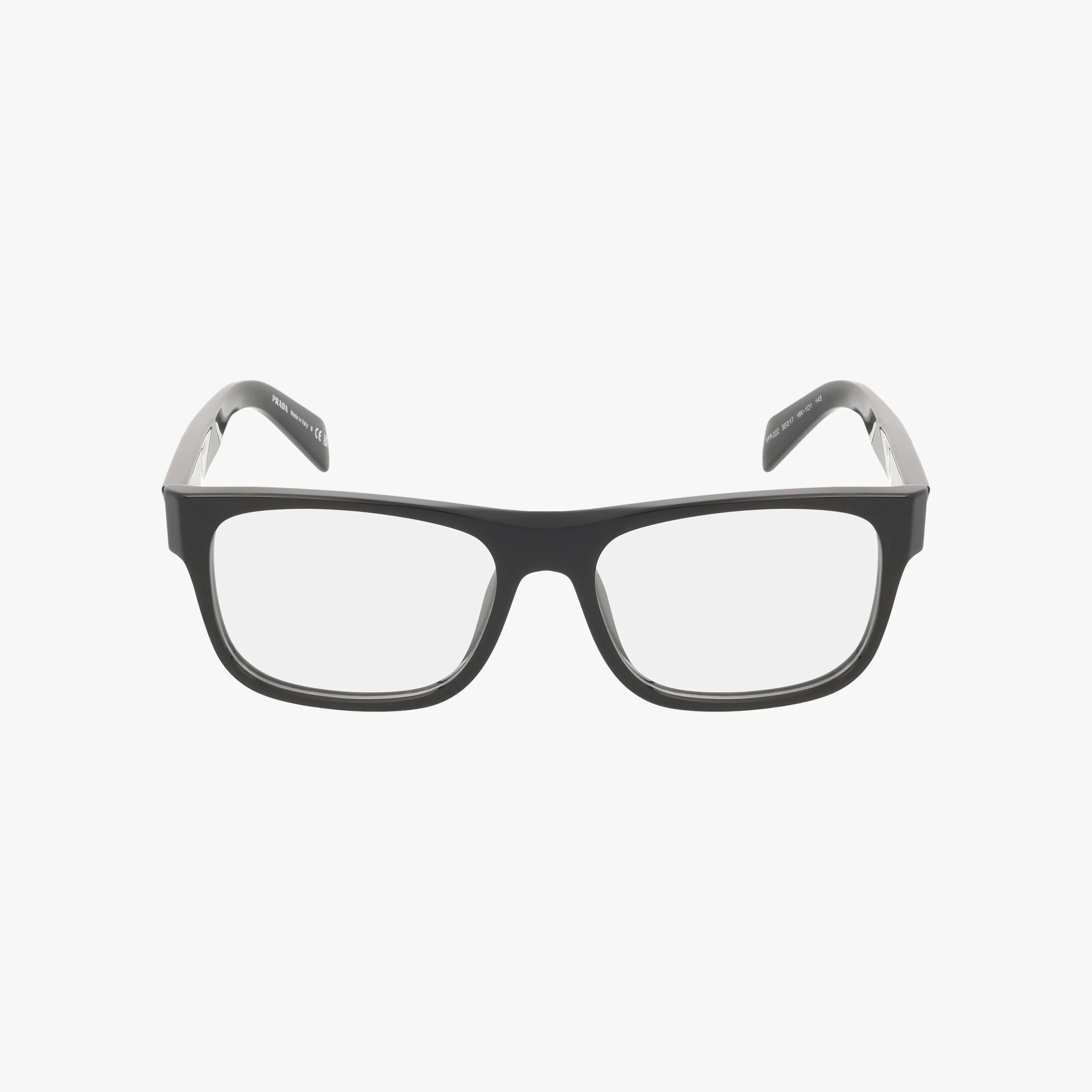 The PR22ZV features a pair of black rectangular eyeglasses with clear lenses and a sturdy frame, shown from the front on a plain white background.