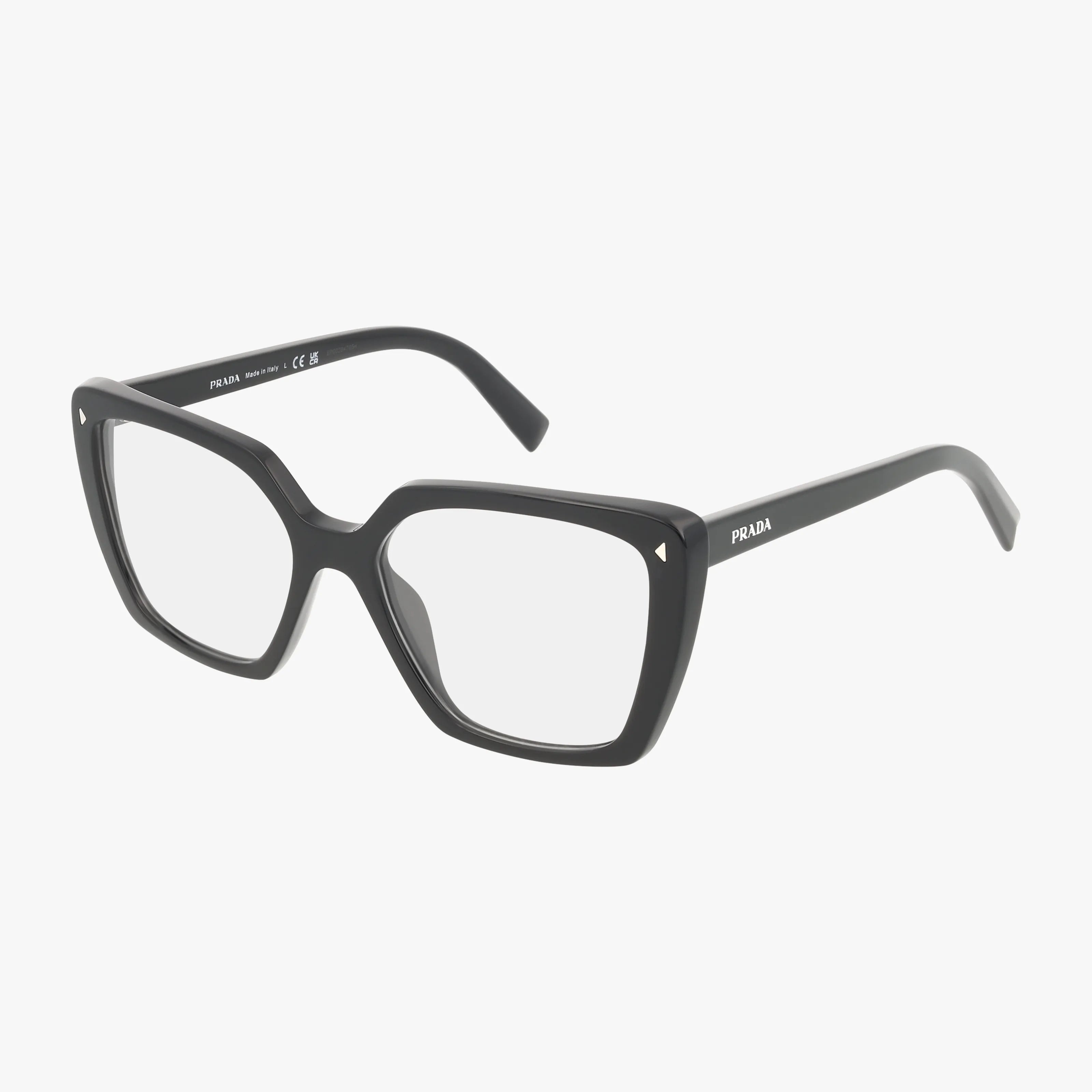 PR16ZV black Prada eyeglasses feature a modern tailored frame with thick, oversized square design. Clear lenses, a subtle triangular detail near the hinges, and the Prada logo on the temple offer a unique, light, and durable style.