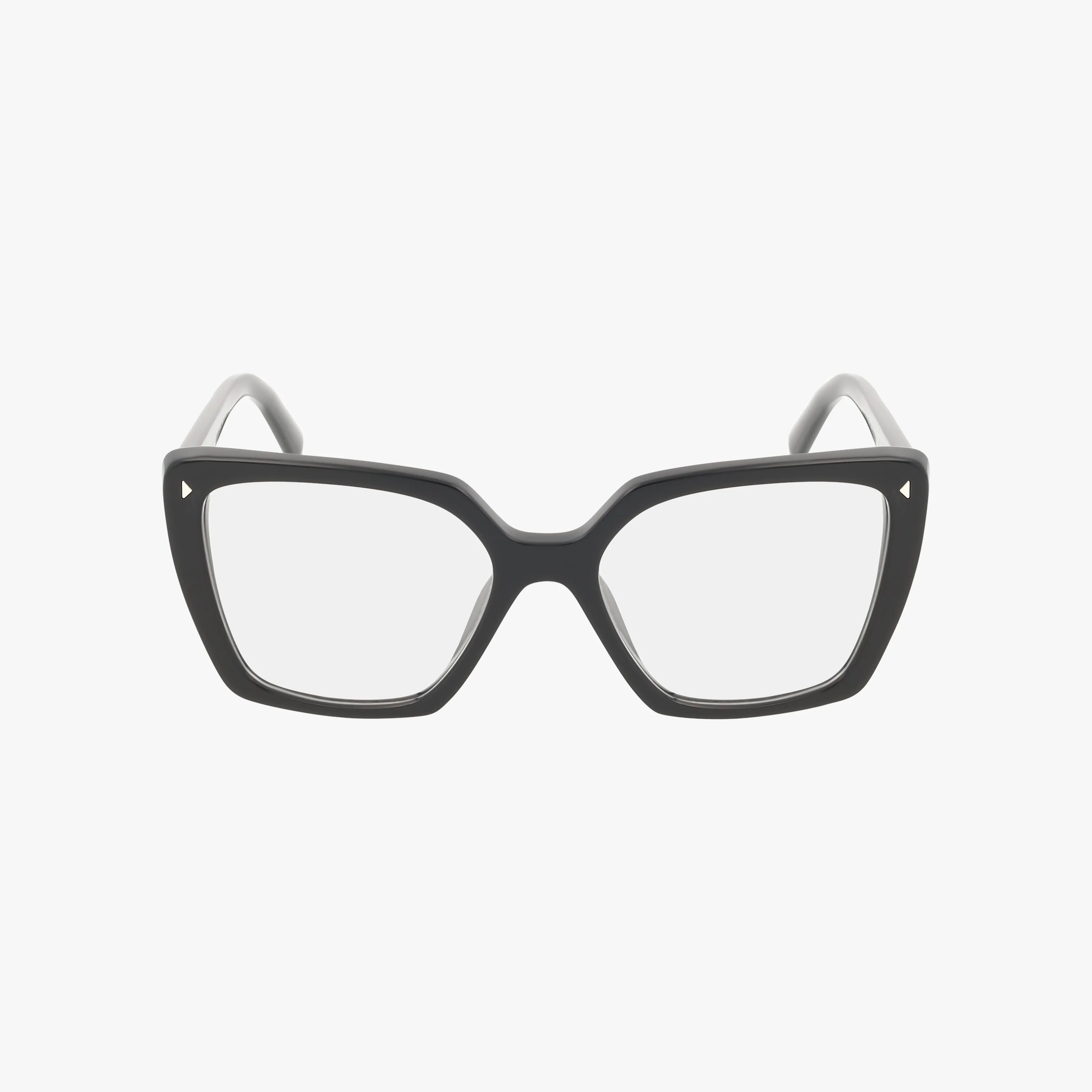PR16ZV black cat-eye eyeglasses with thick, lightweight, durable frames and clear lenses are displayed facing forward against a plain white background.
