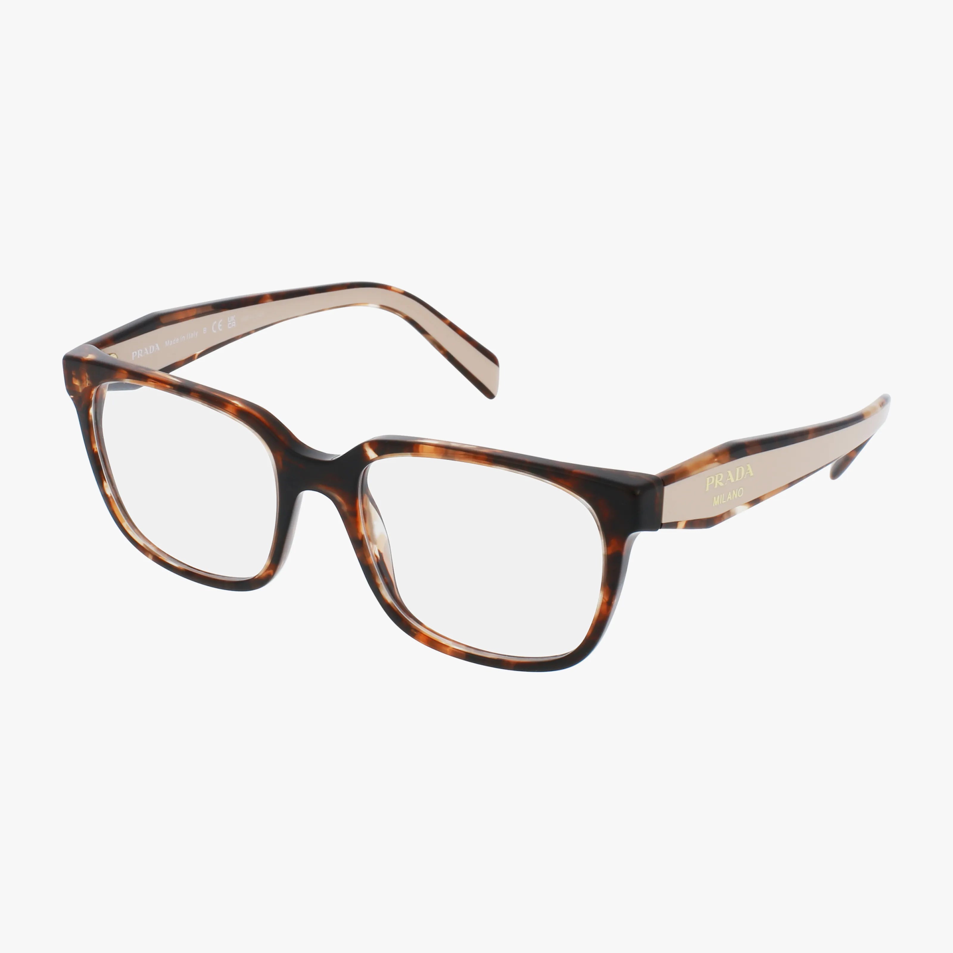 The PR17ZV tortoiseshell prescription eyeglasses feature rectangular lenses, thick frames, and gold PRADA branding on the temple arms, delivering a bold style that elevates everyday looks against a white background.