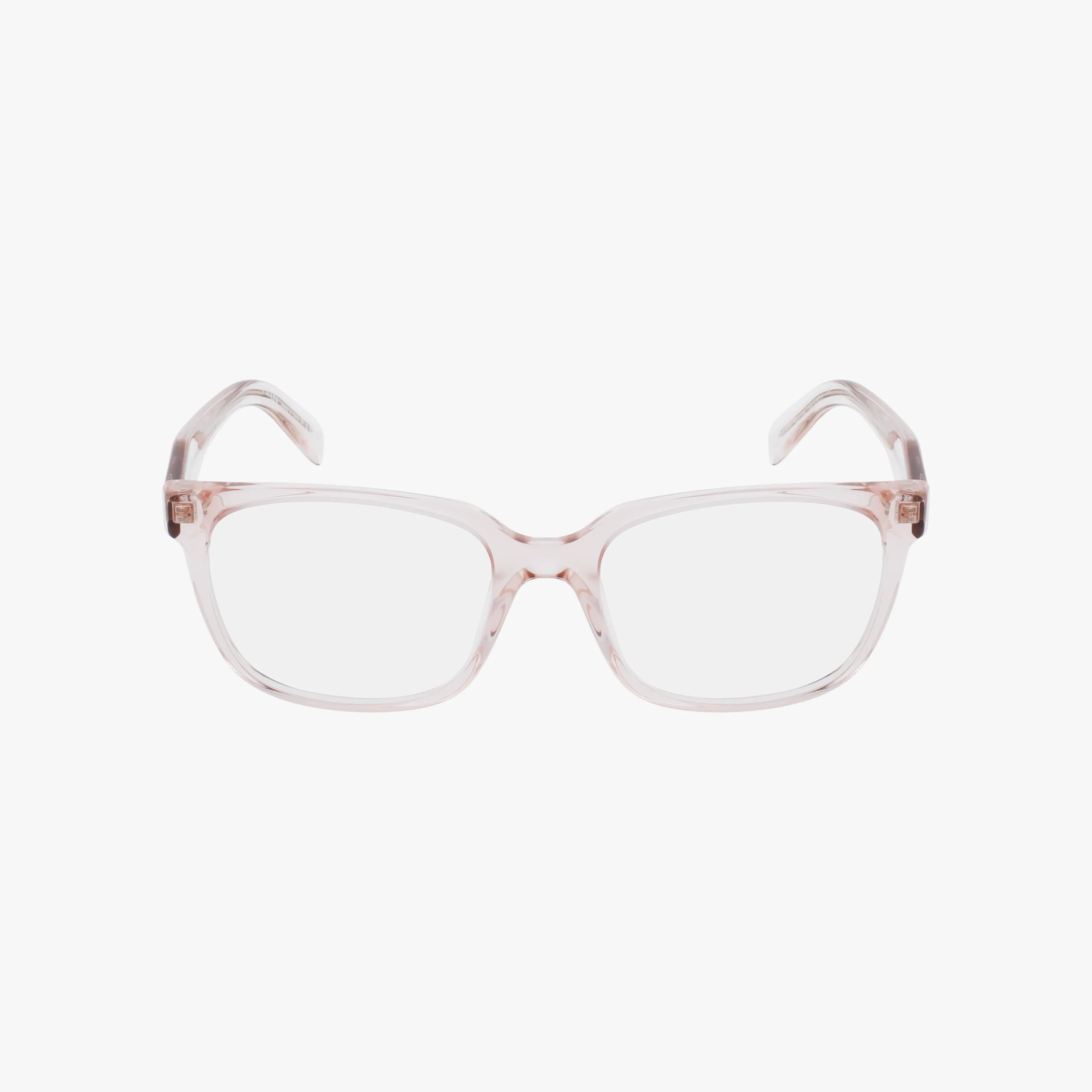 The PR 17ZV features clear, rectangular eyeglasses with lightweight, subtly pink-tinted transparent frames and gently curved arms, shown from the front against a plain white background—ideal for everyday wear.