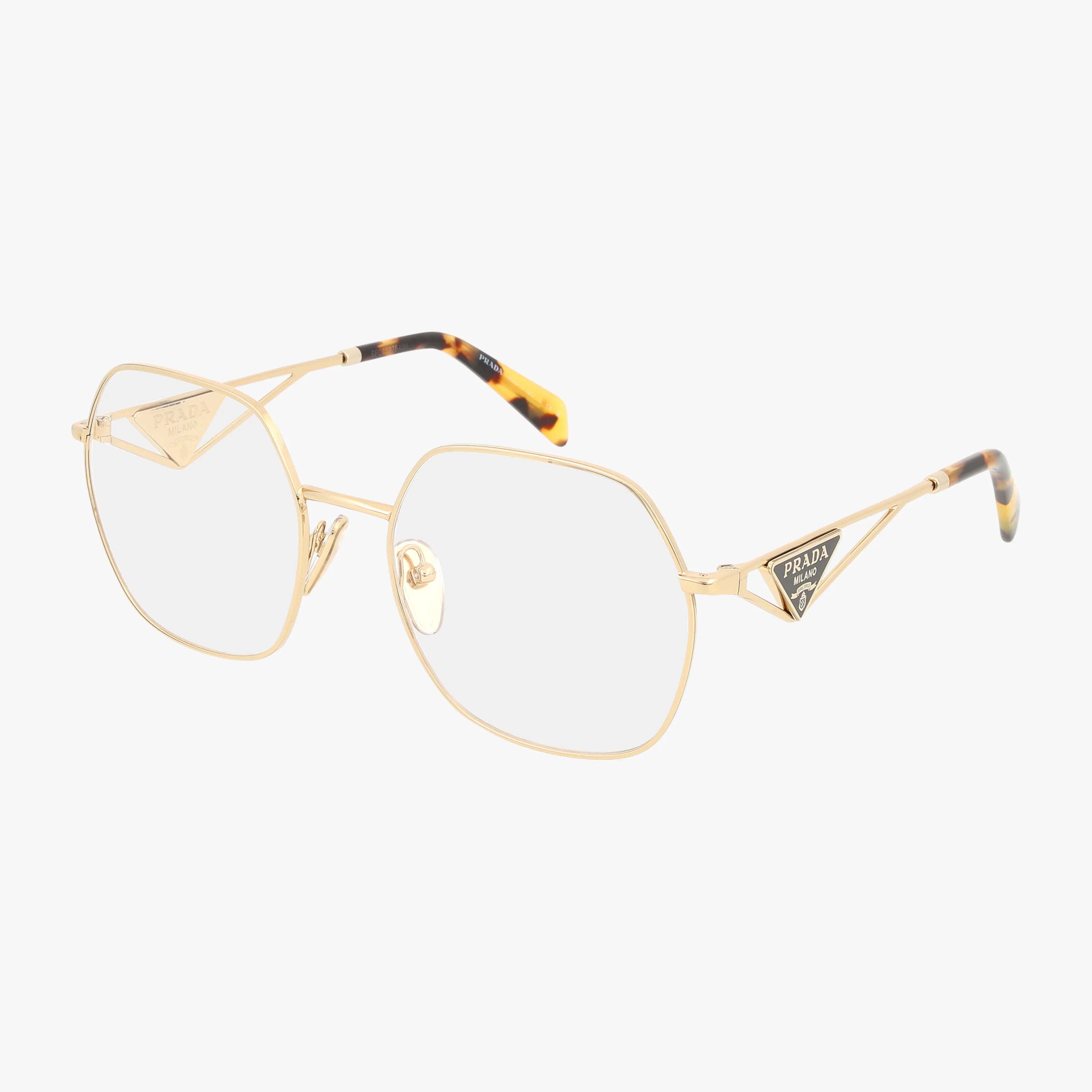 PR59ZV gold Prada eyeglasses feature a luxurious geometric frame, clear lenses, tortoiseshell temple tips, and the Prada logo on the arms, displayed on a white background.