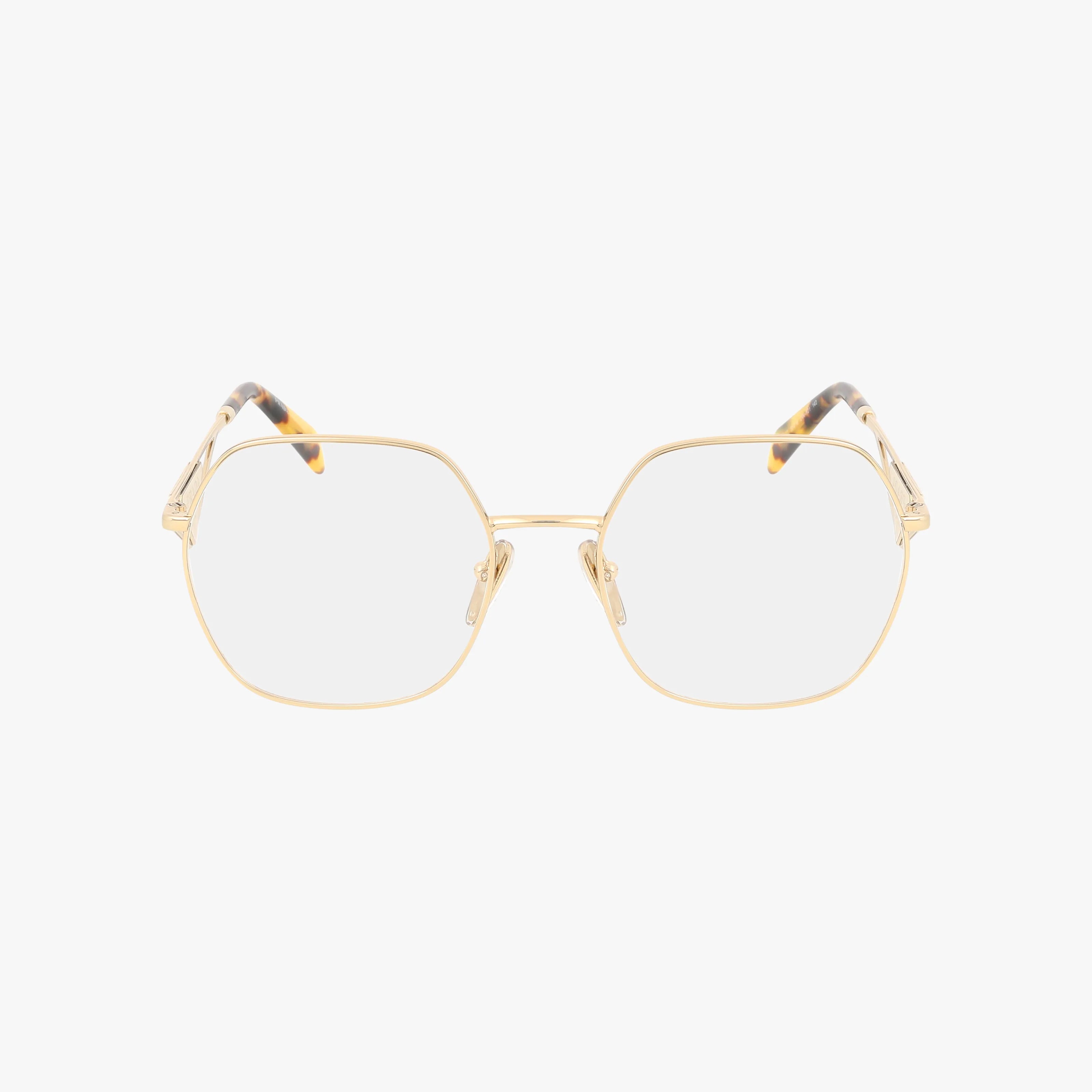 PR59ZV gold-framed geometric eyeglasses feature thin rims, clear lenses, and luxe craftsmanship. The temples include a subtle tortoiseshell pattern at the ends. The elegant frame is shown against a plain white background.