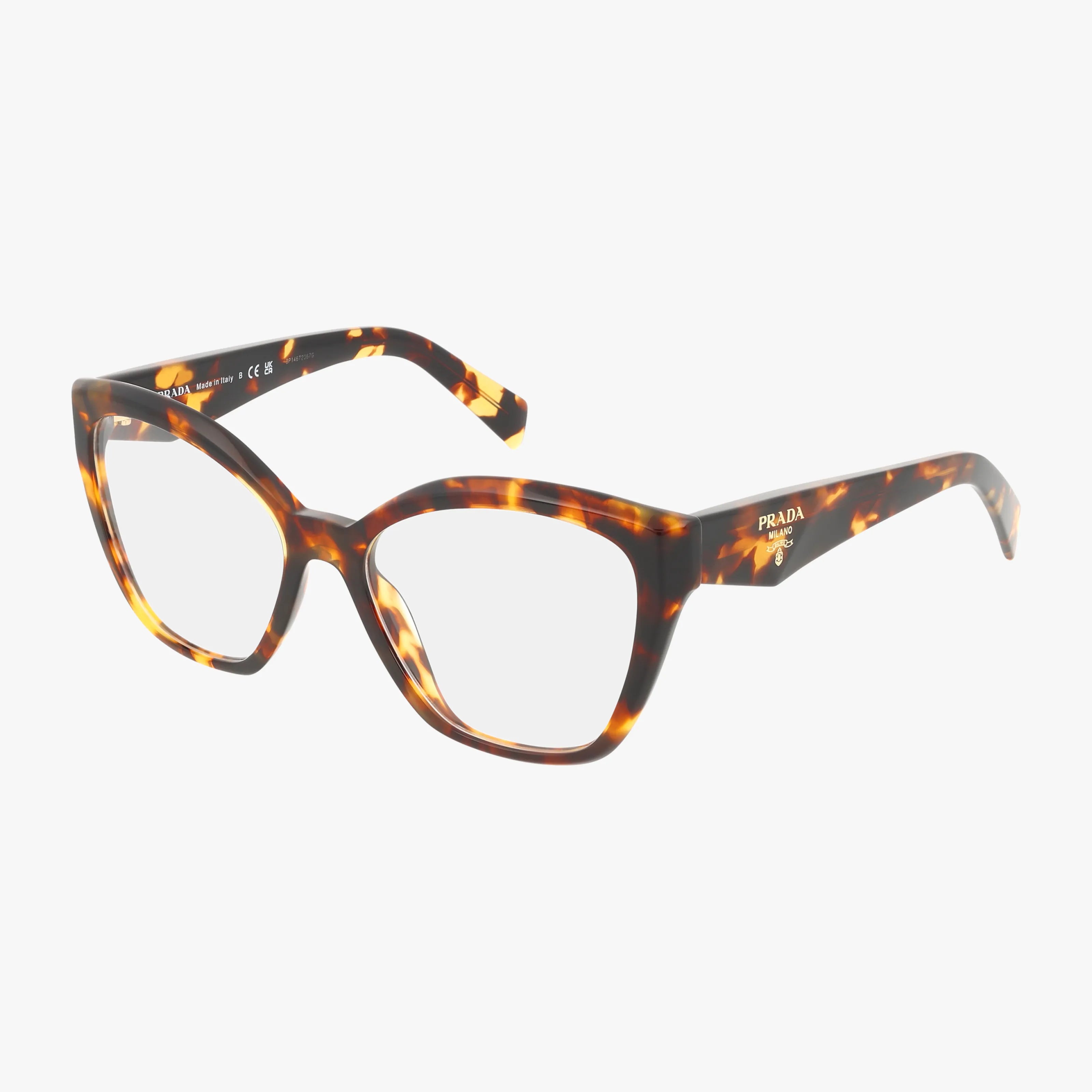 The PR20ZV features thick, square, tortoiseshell-patterned frames with clear lenses and a gold Prada logo on the left temple. These fashionable eyeglasses are displayed against a plain white background.