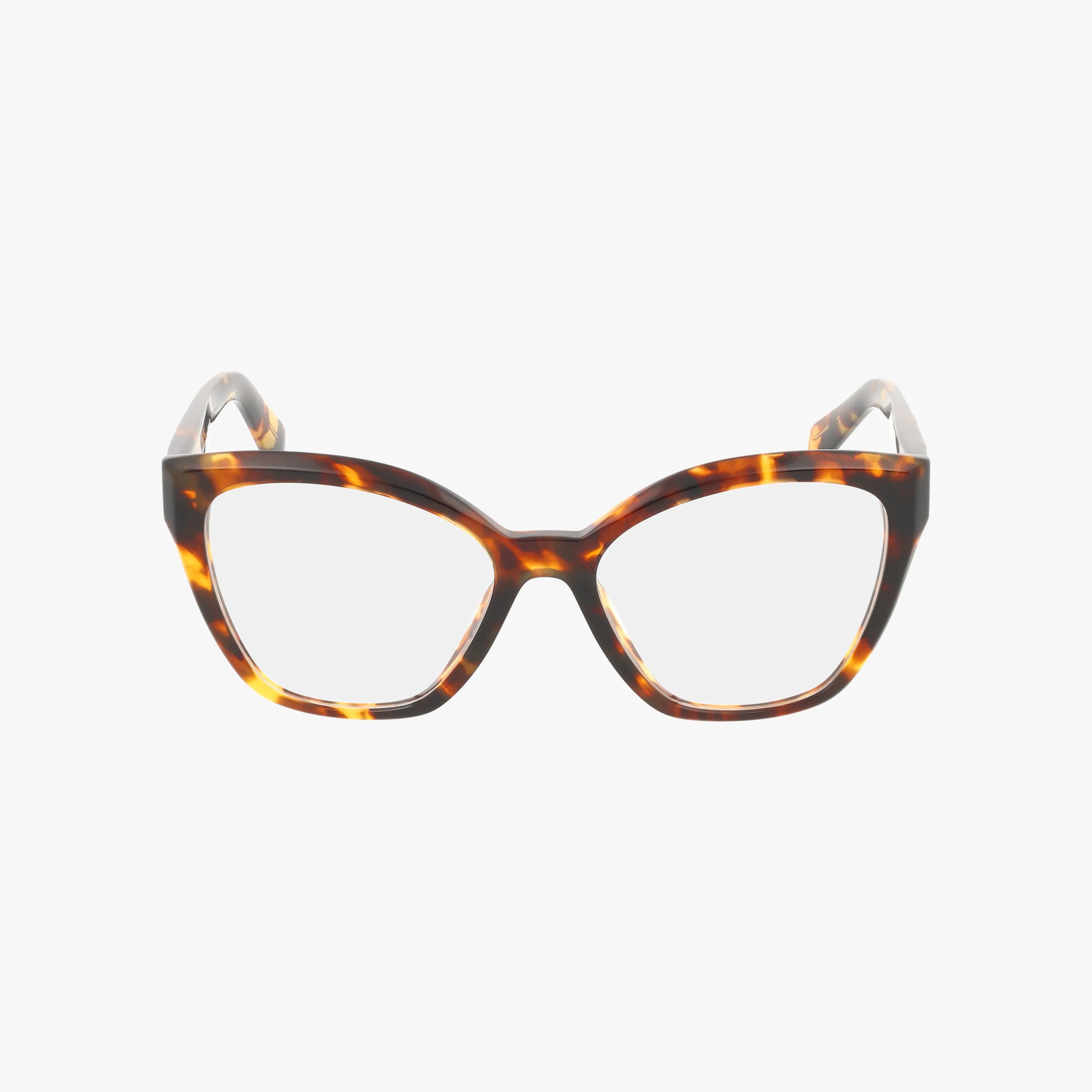The PR20ZV cat-eye eyeglasses feature a tortoiseshell frame with brown and amber tones, blending classic style with a modern design, shown on a plain white background.