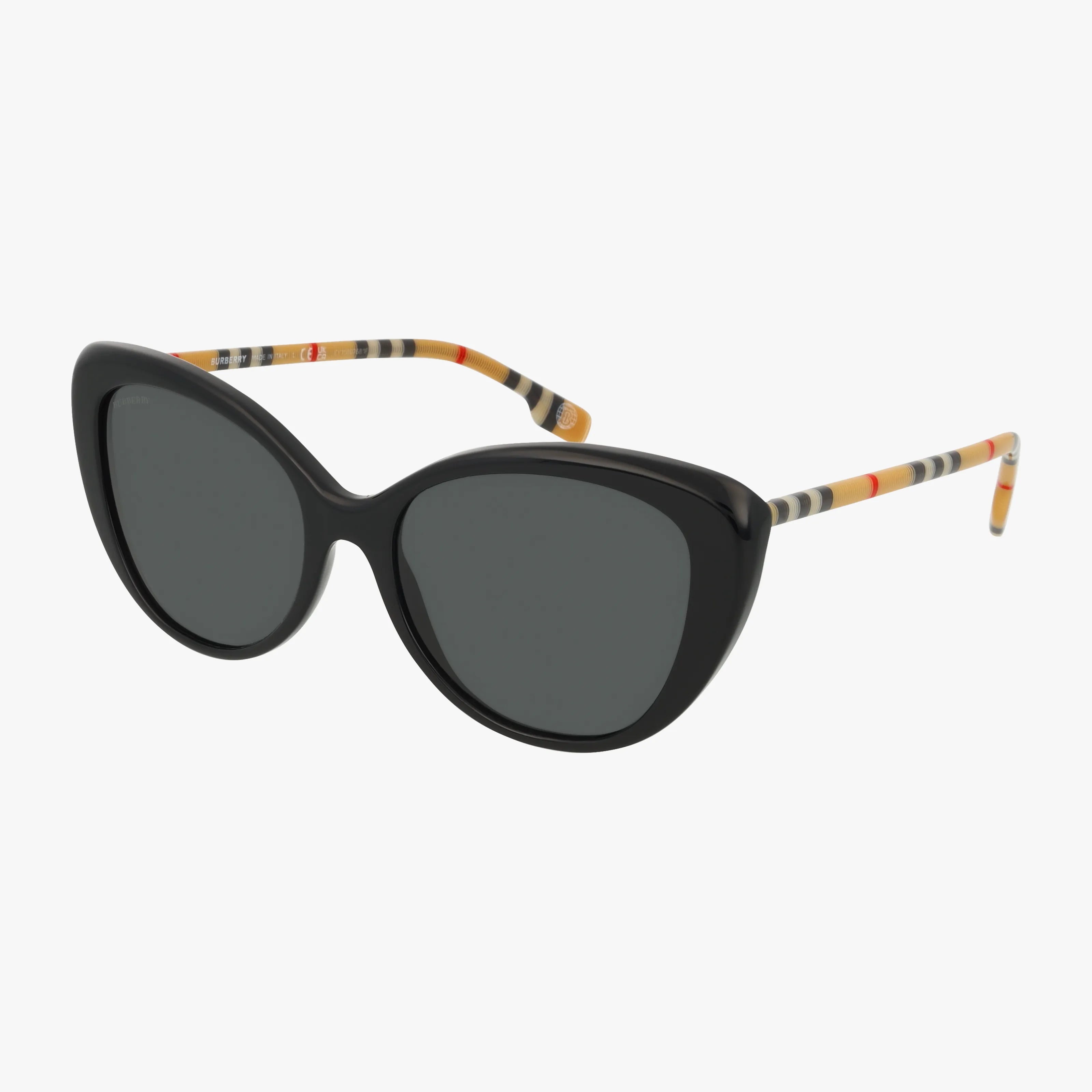 The BE4407 sunglasses feature black cat-eye frames with dark UV-protective lenses. Thick arms display a chic striped pattern in beige, black, orange, and white, combining style and effective sun protection.