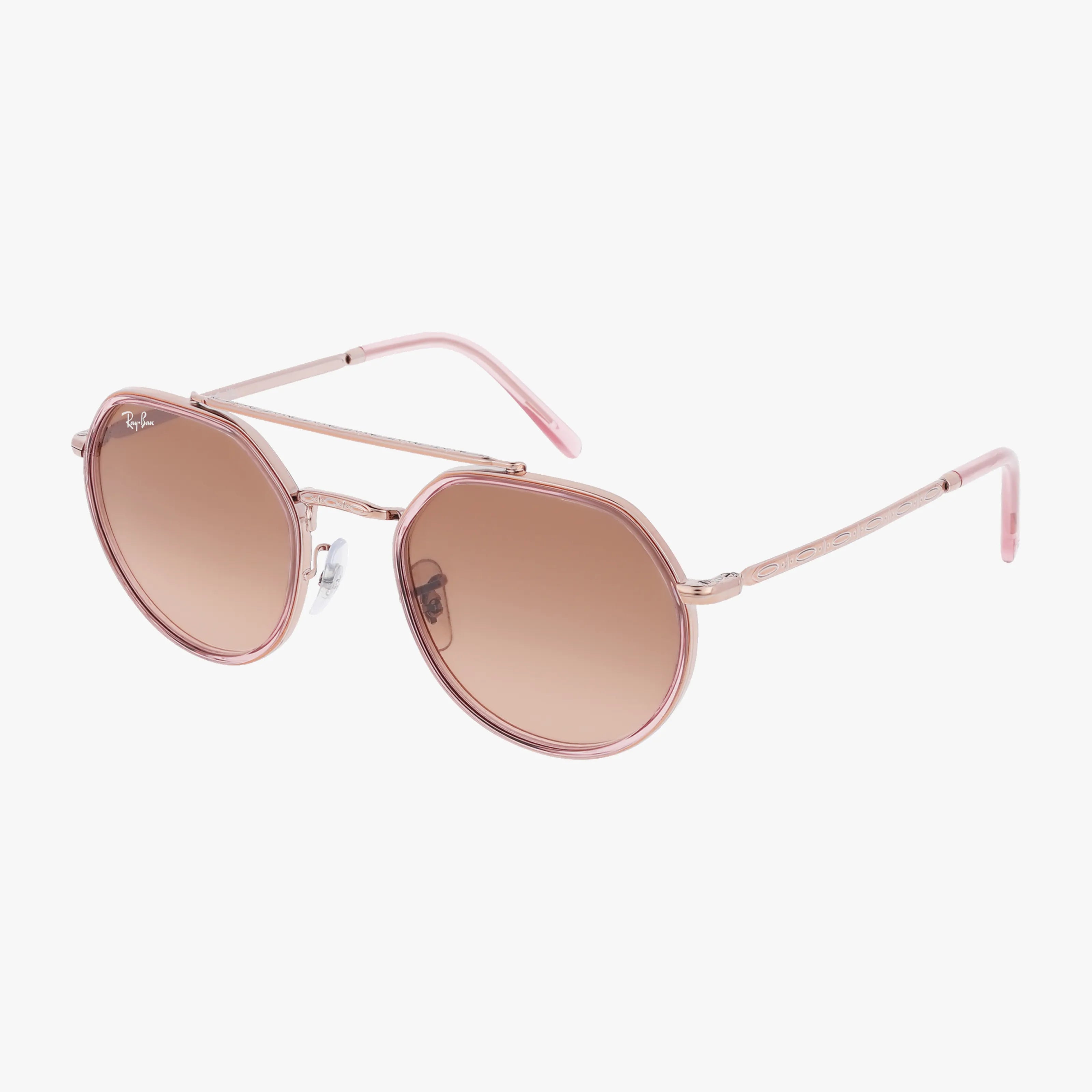 The RB3765 Ray-Ban sunglasses feature pink frames, round brown-tinted lenses for UV protection, thin metal arms, and clear nose pads. Displayed on a white background, they blend style and function perfectly.