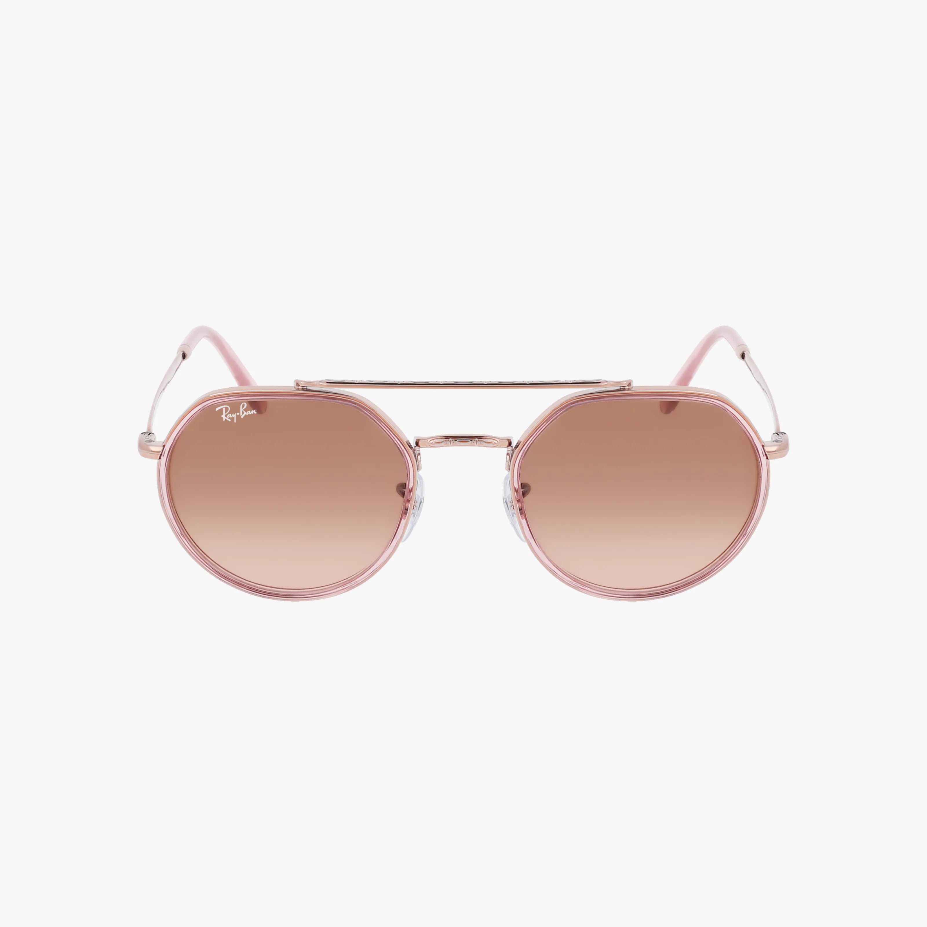 The Ray-Ban RB3765 sunglasses feature pink round lenses, a double bridge, and gradient brown tint for stylish UV protection, shown on a white background.