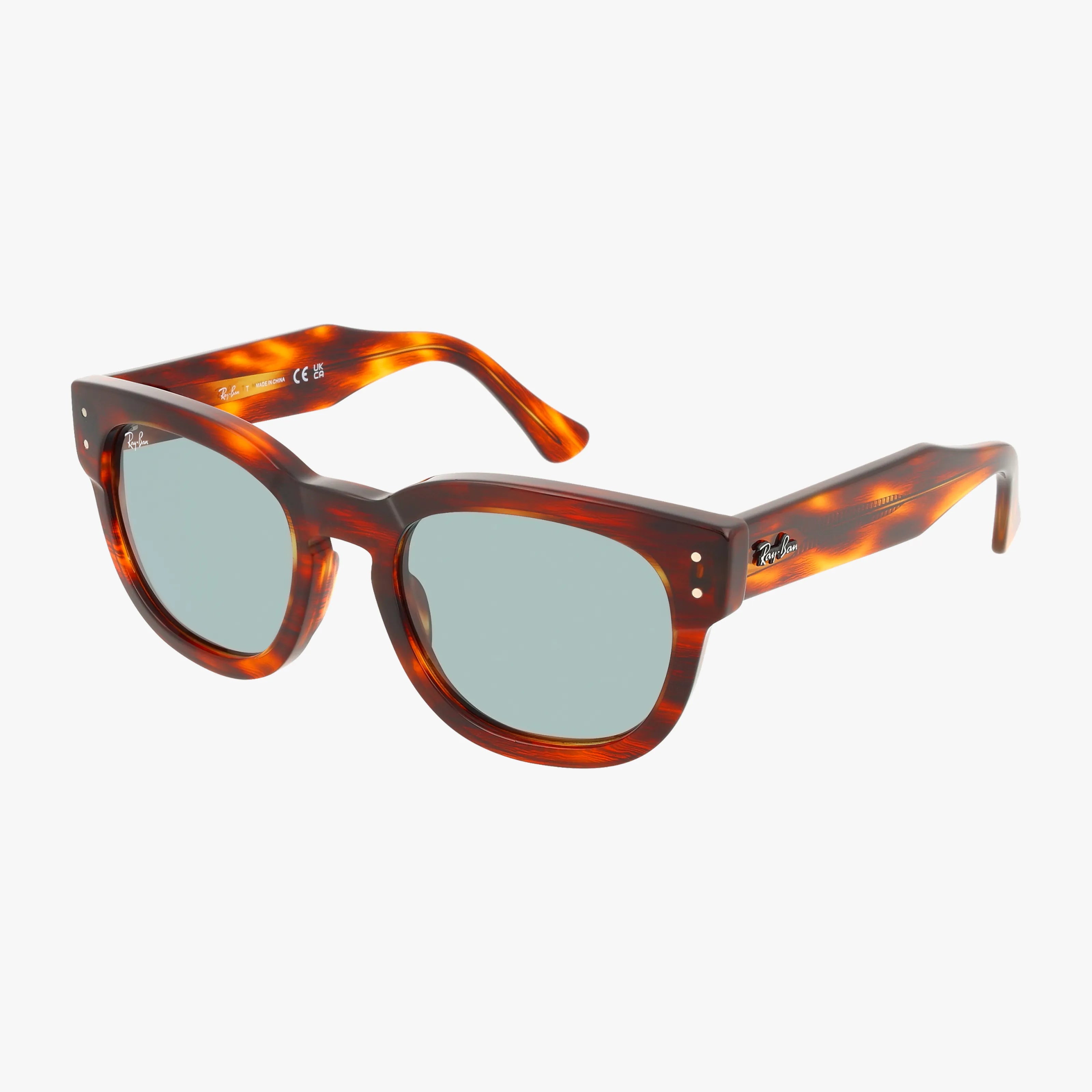 The RB0298S MEGA HAWKEYE sunglasses feature durable tortoiseshell-patterned, thick round frames and blue-tinted lenses with a small metallic logo on the temples. Perfect for online purchase, they are shown on a white background.