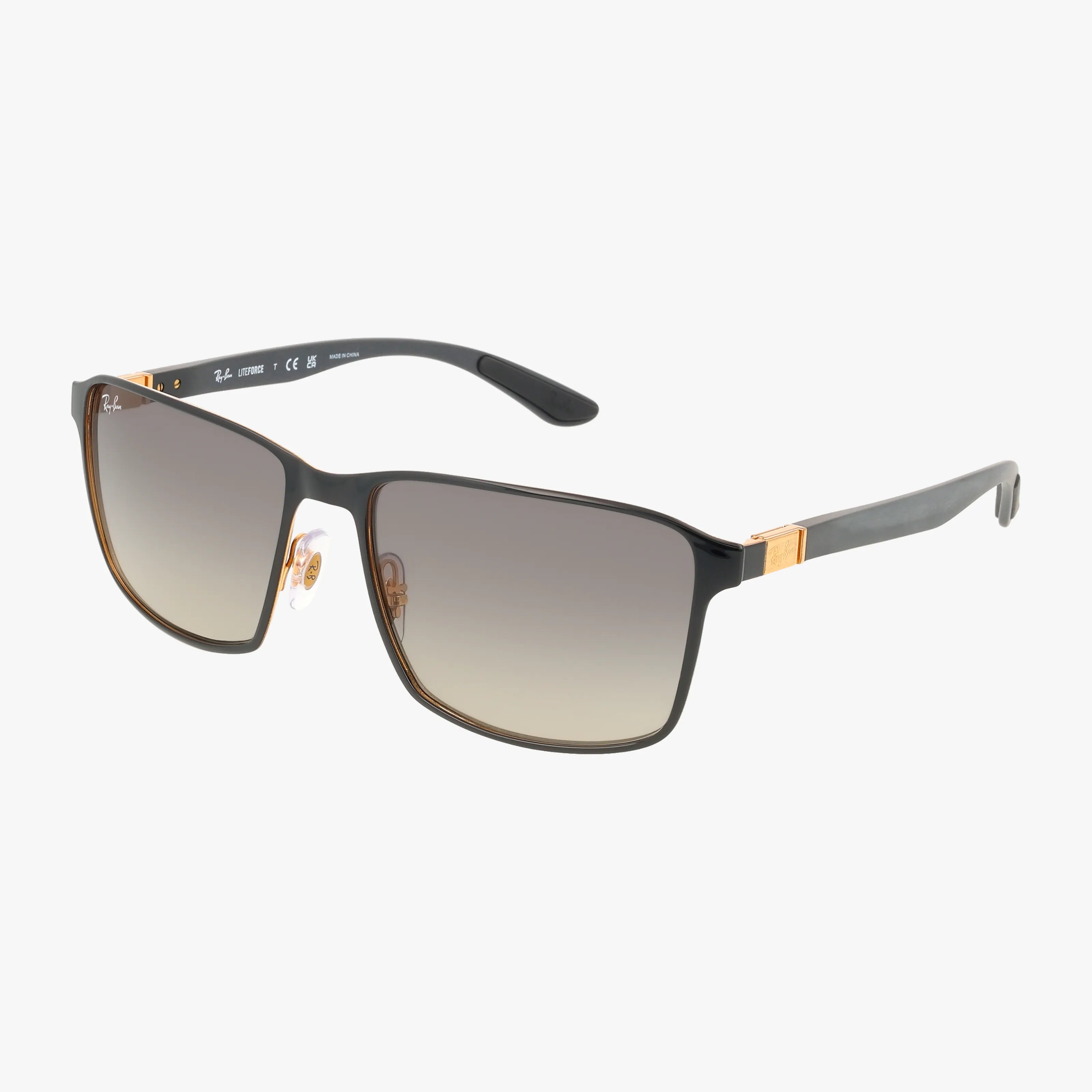 The RB3721 Ray-Ban sunglasses feature rectangular black frames, gradient dark lenses, gold temple accents, and adjustable nose pads for stylish sun protection against a plain white background.