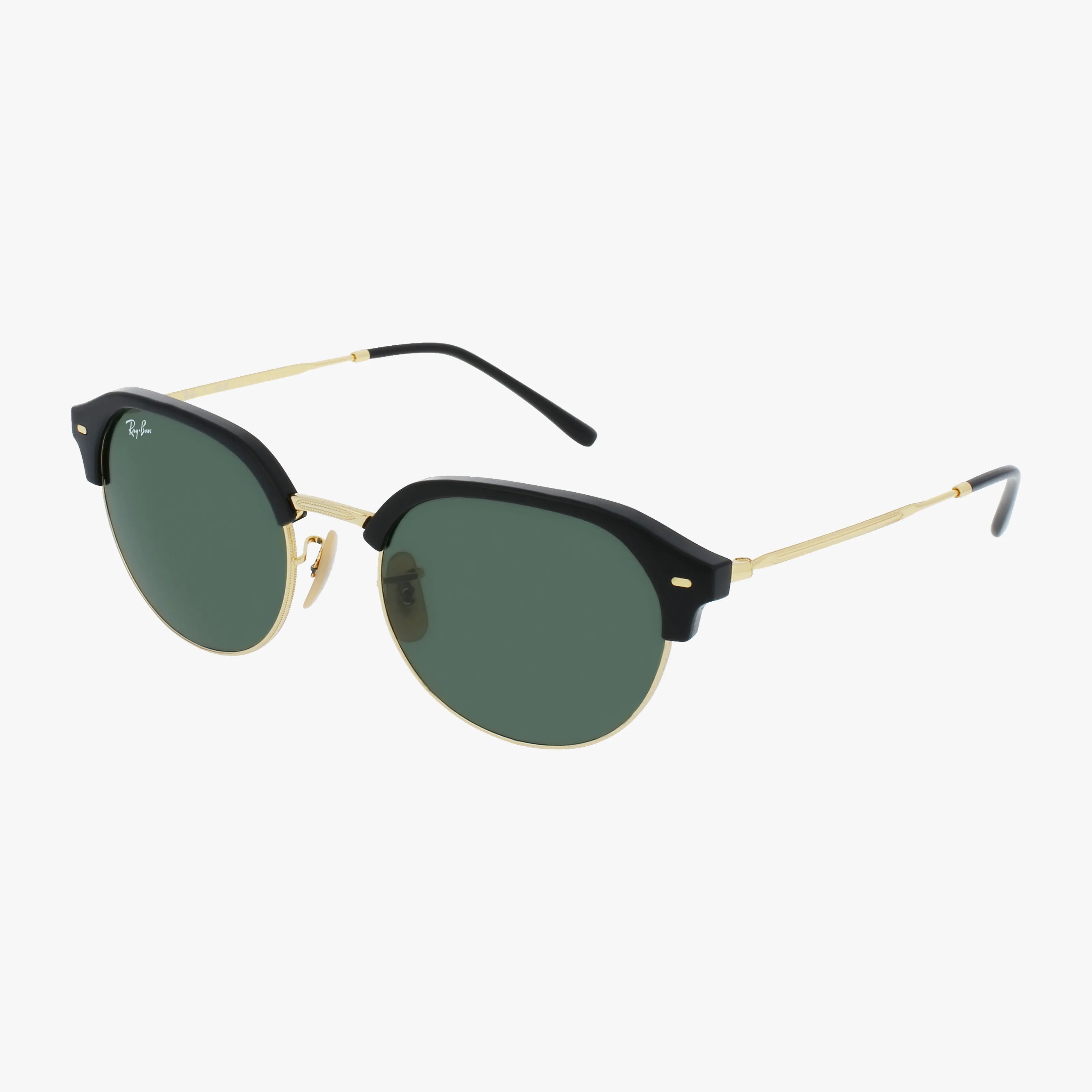 The RB4429 sunglasses feature a lightweight gold metal frame with round green lenses, black upper rims, and thin gold arms with black tips for vision benefits, shown against a white background.