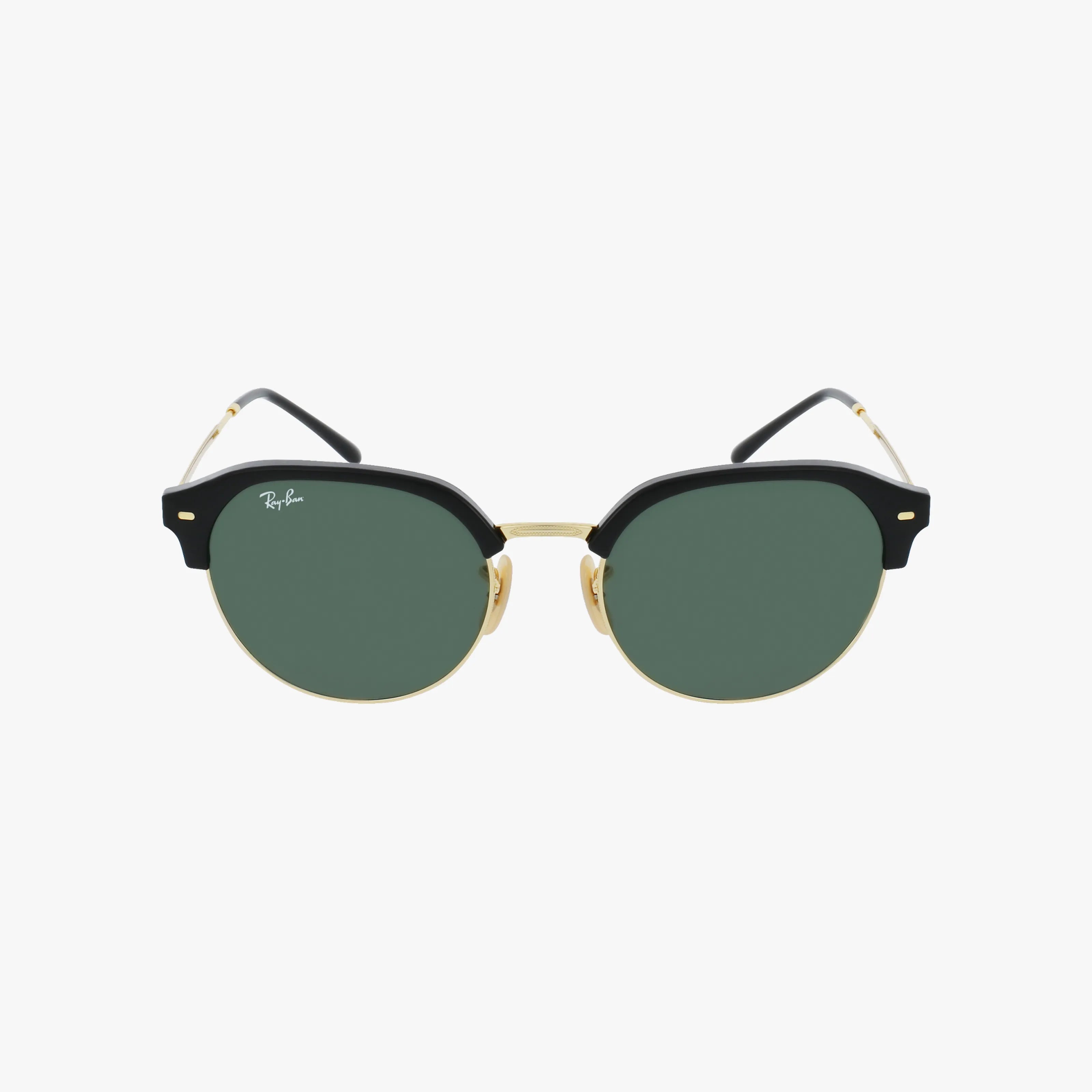 Front view of the RB4429 Ray-Ban sunglasses featuring round green lenses, a black upper frame, and gold metal accents on bridge and rims provides lightweight comfort and visual clarity, shown against a white background.