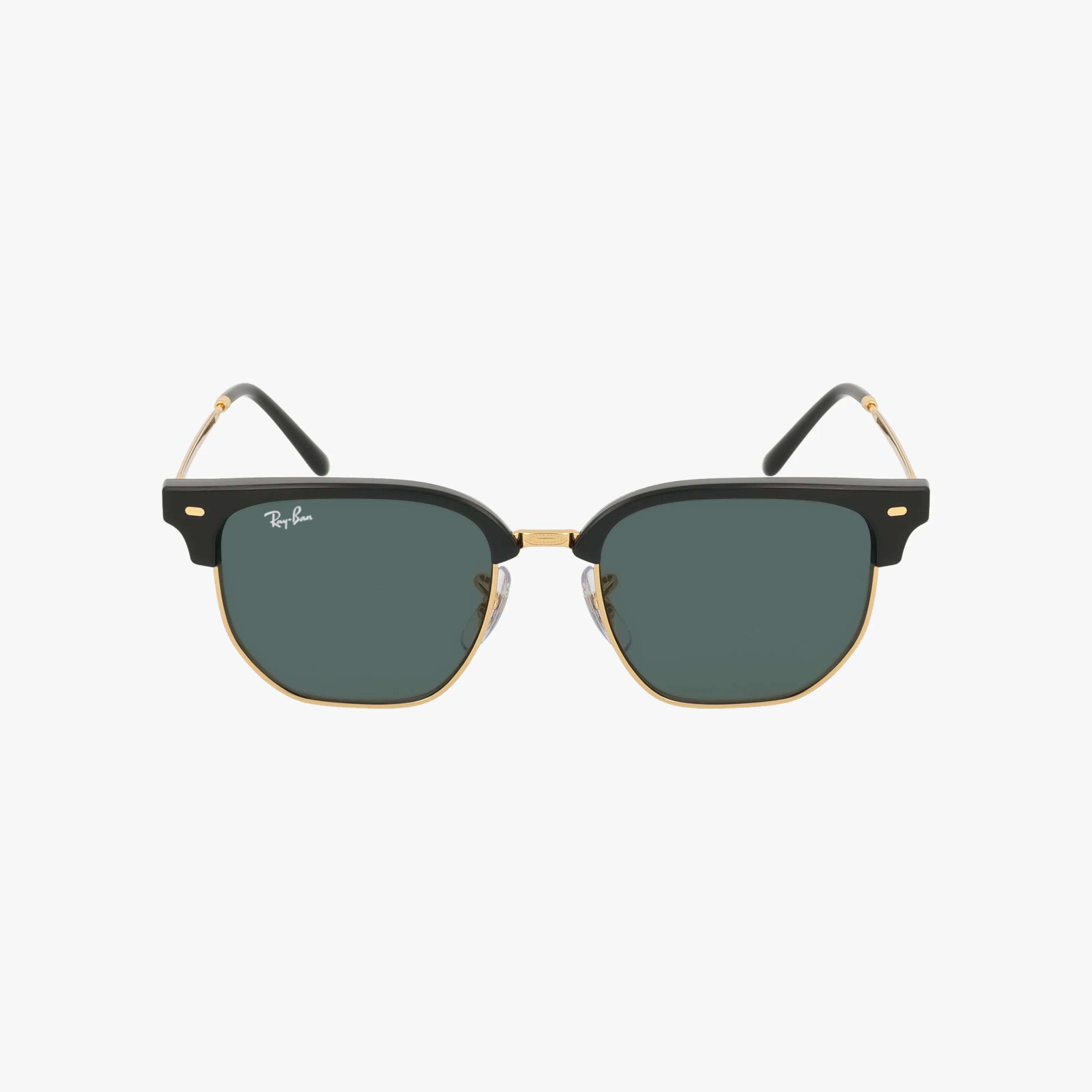 Front view of RJ9116S NEW CLUBMASTER KIDS sunglasses featuring black and gold square frames, green lenses, and black temple arms, highlighting durable Ray-Ban eyewear for kids against a plain white background.