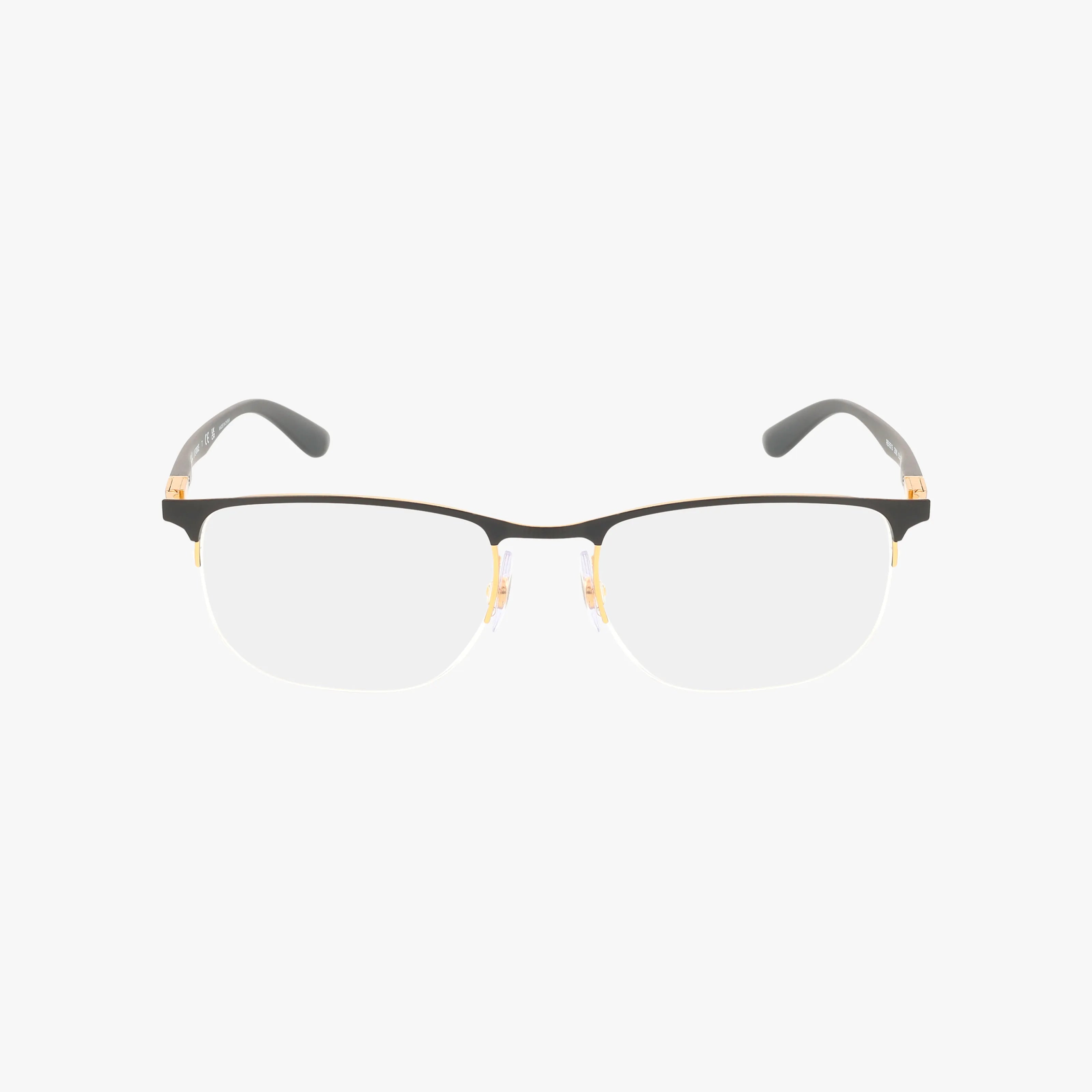 The RX6513 is a pair of rectangular, semi-rimless eyeglasses featuring a bold black upper frame, gold accents by the nose pads, and clear progressive lenses, shown on a white background.
