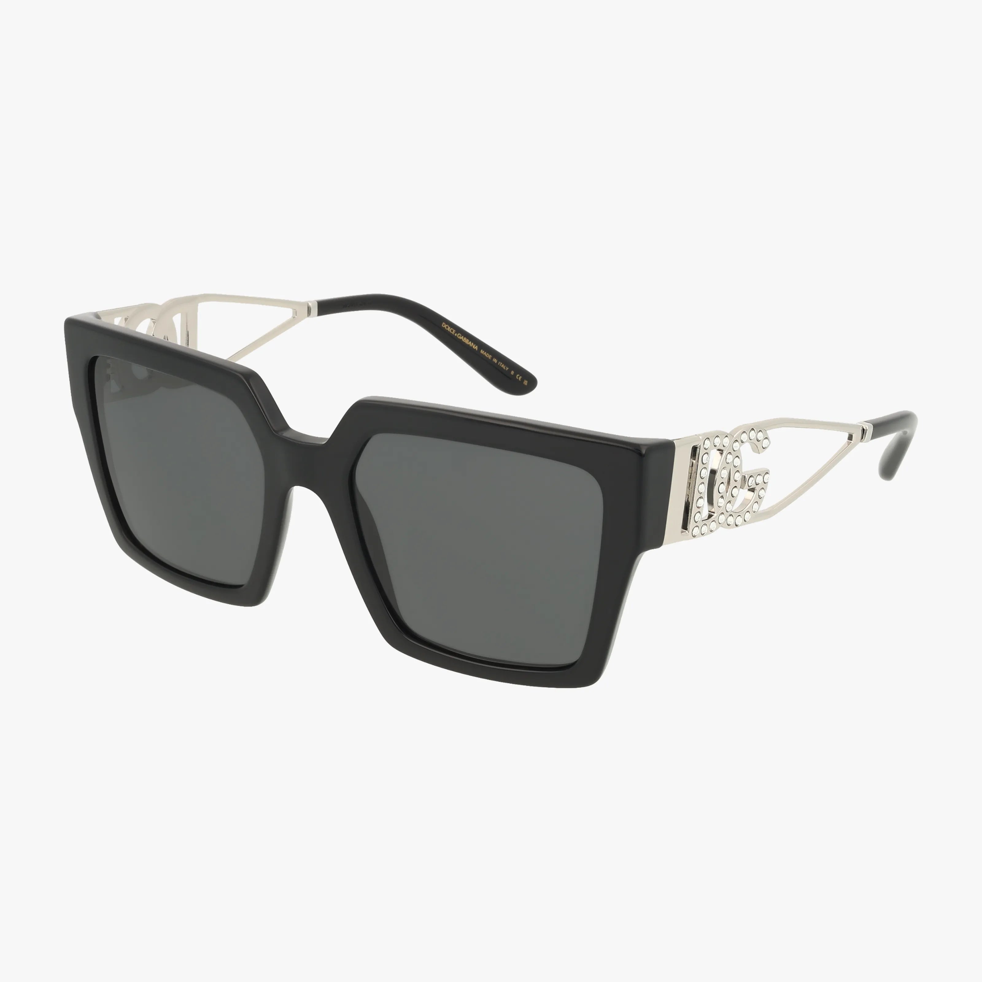 DG4446B: Black oversized square sunglasses with durable dark lenses and embellished silver temples featuring decorative hinge details—ideal for anyone shopping for glasses online.