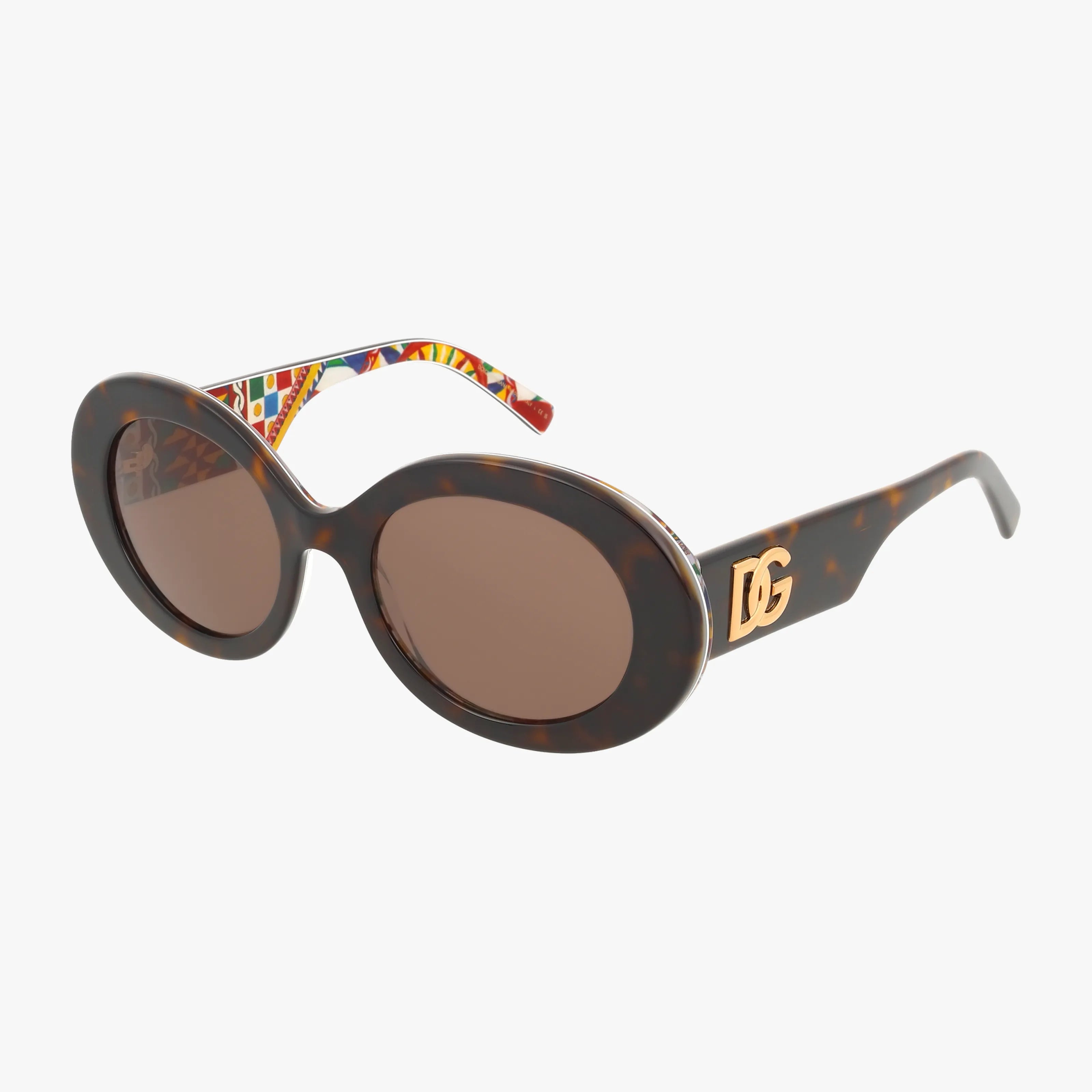DG4448: Oval tortoiseshell sunglasses with brown lenses, gold DG logo at the temples, and a colorful geometric pattern inside the arms—ideal for stylish vision. Displayed on a white background.