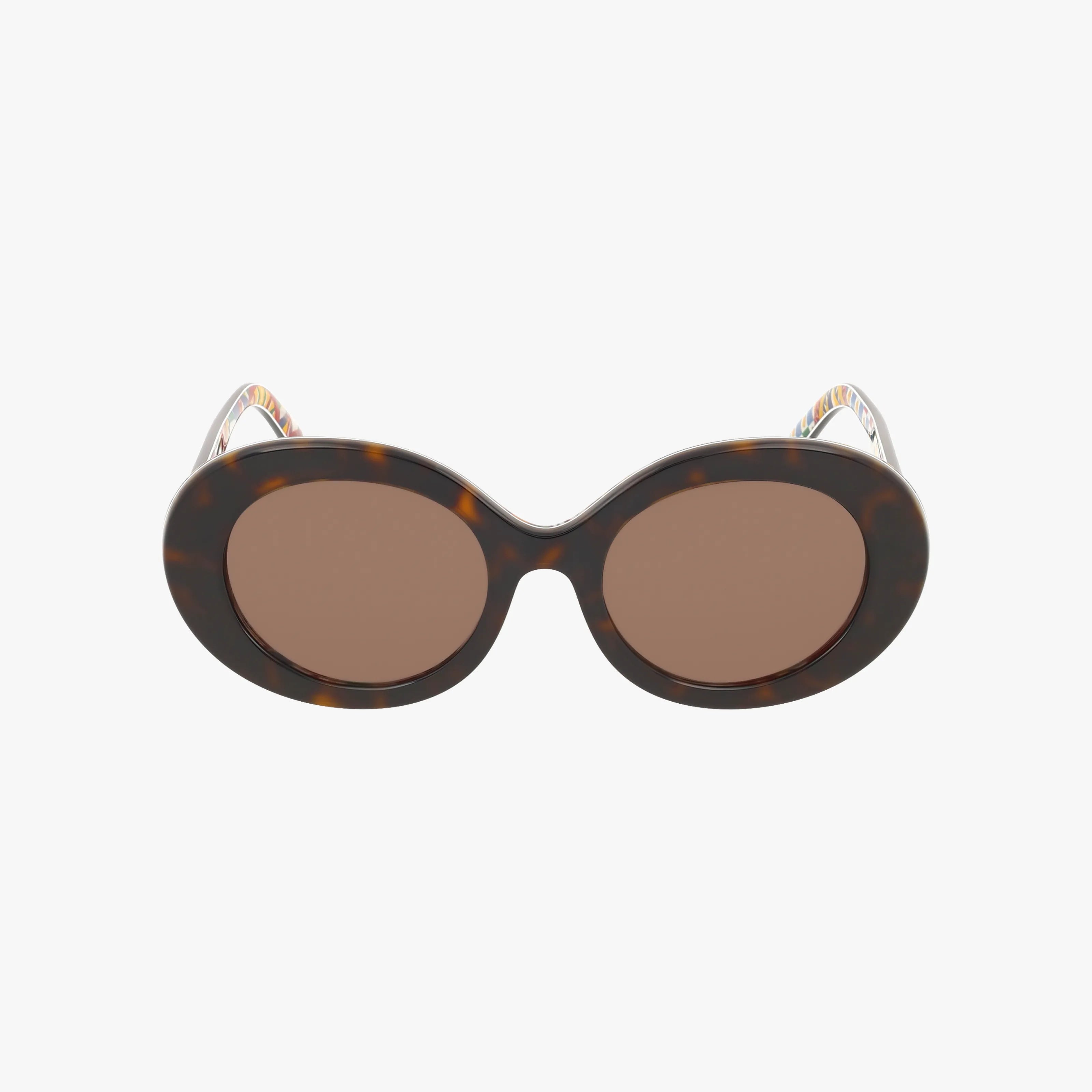 The DG4448 features round, oversized sunglasses with dark brown lenses and a thick tortoiseshell-patterned frame. Multicolored arms add flair. Shop online to add these standout sunglasses, displayed on a white background, to your collection.