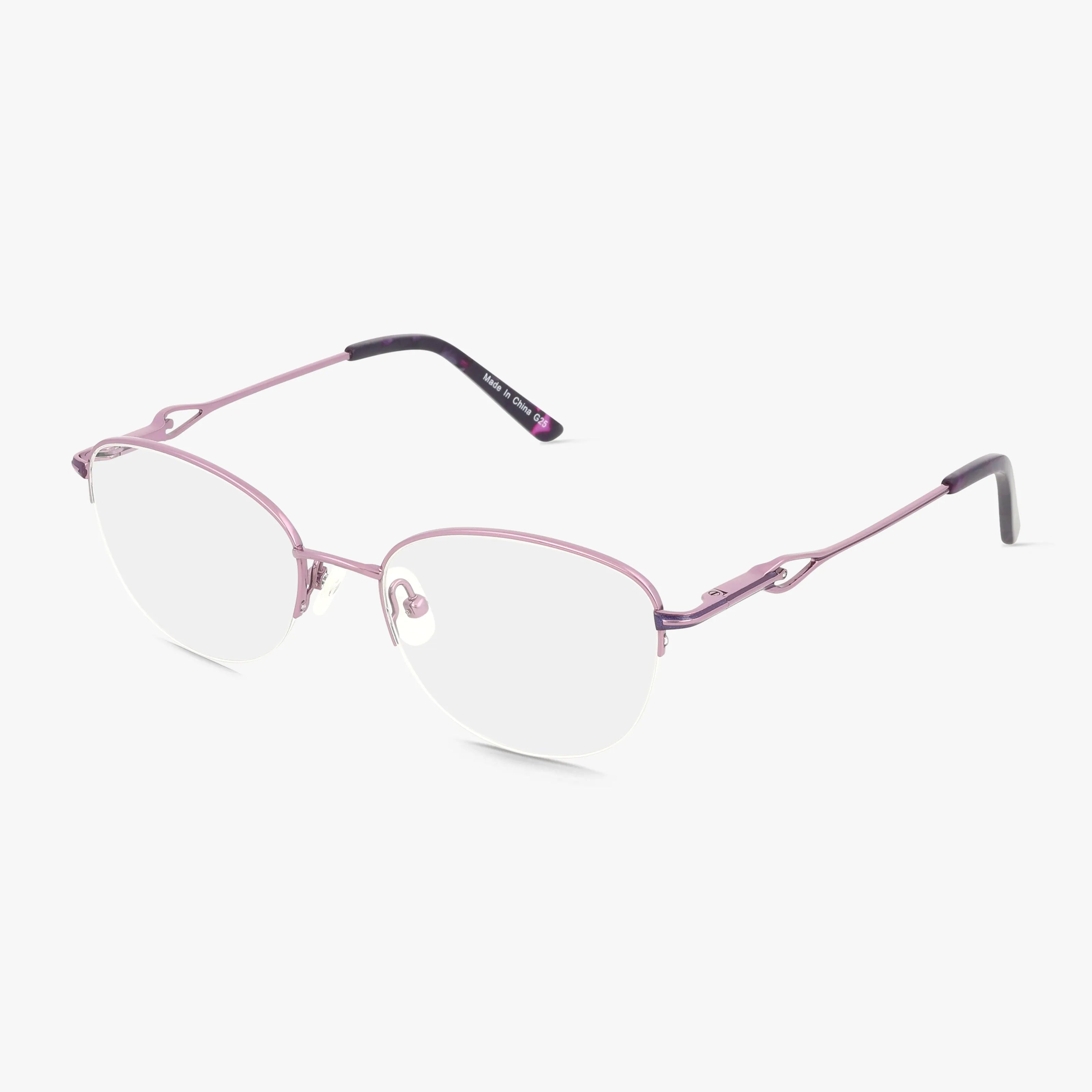 The 500 eyeglasses feature a stylish, semi-rimless design with thin, metallic purple minimalist frames and decorative temple arms, shown on a white background.