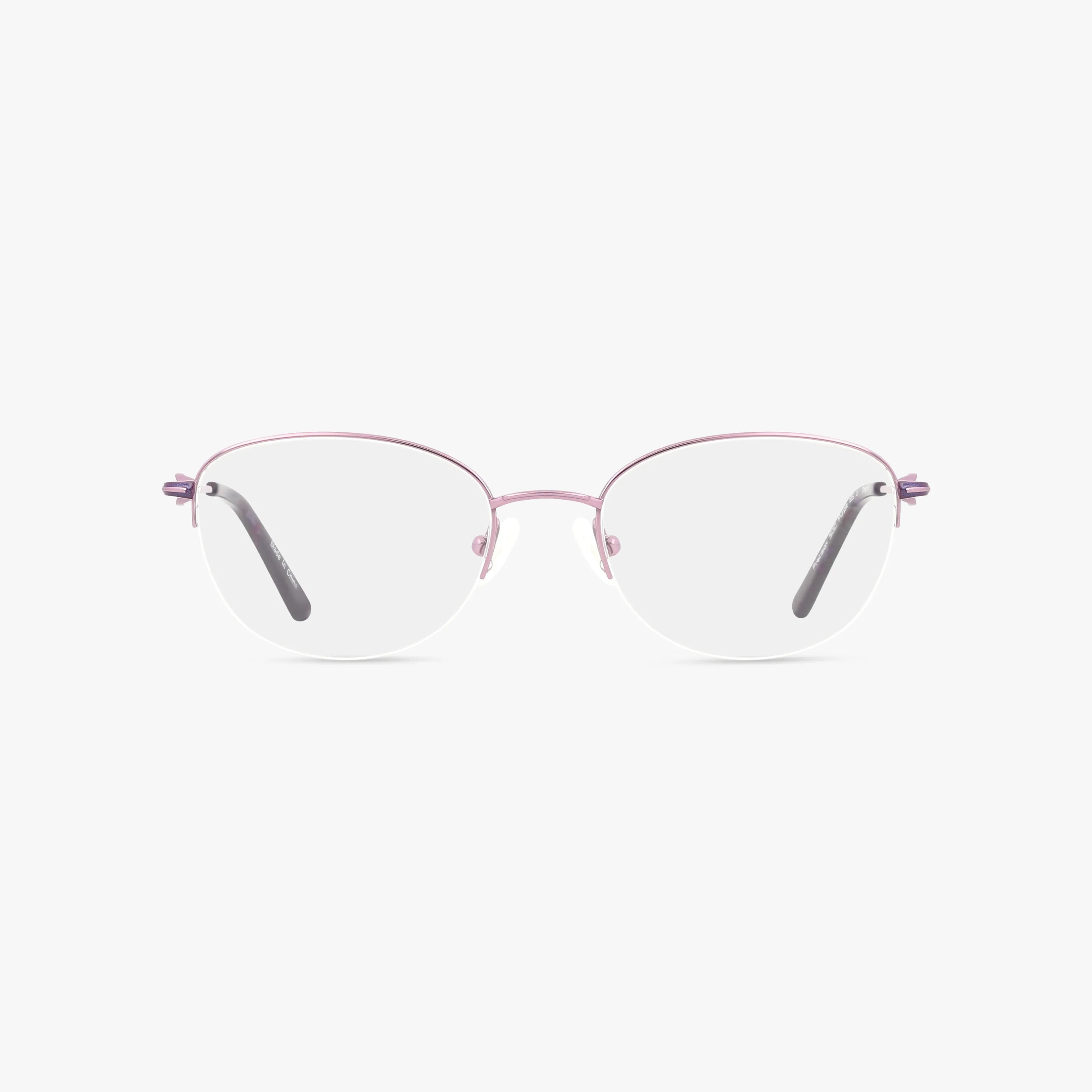 Front view of 500 rimless eyeglasses with thin light purple metal frames and black temple tips, showcasing a minimalist look for modern durability, displayed on a plain white background.