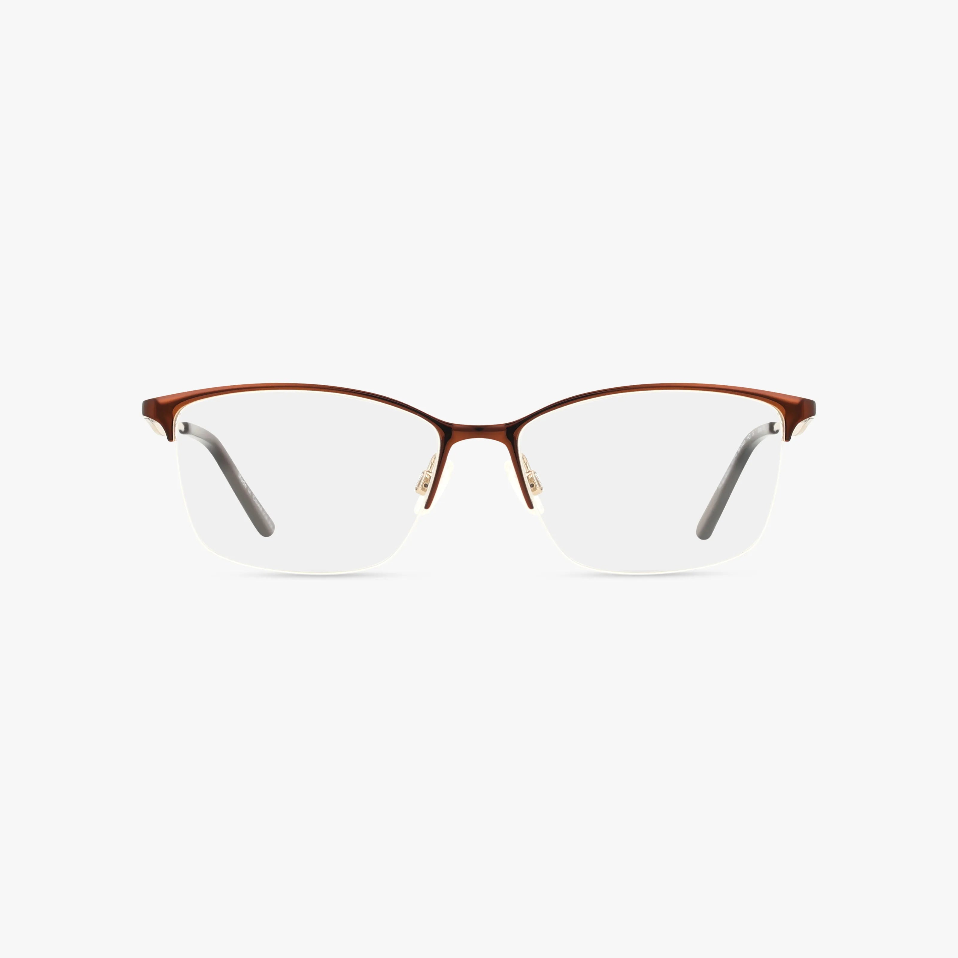 The 504 eyeglasses are semi-rimless with brown upper frames, classic lines, and clear lenses, shown on a plain white background.