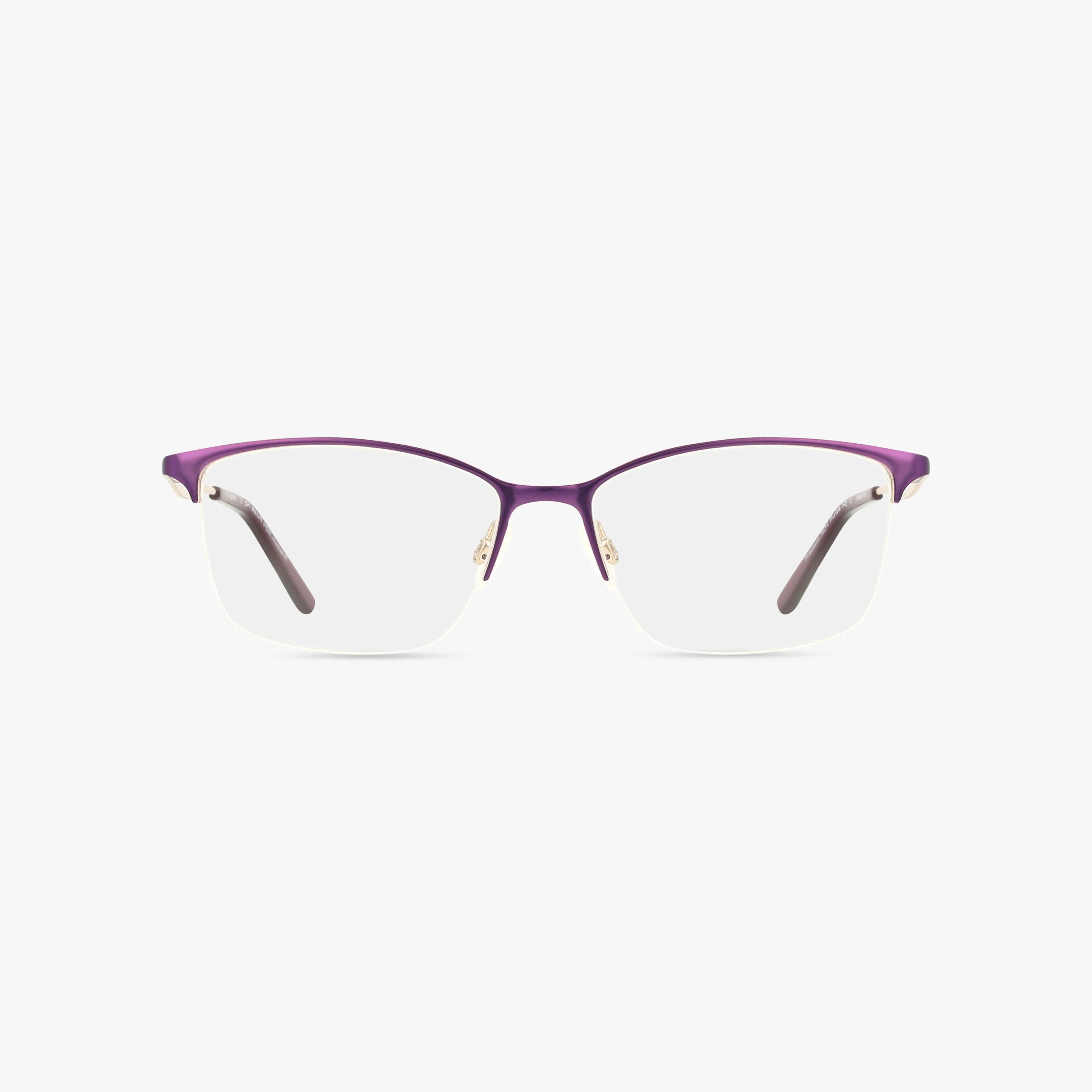 The 504 is a pair of semi-rimless eyeglasses with classic lines, featuring purple frames and clear lenses, shown against a plain white background.
