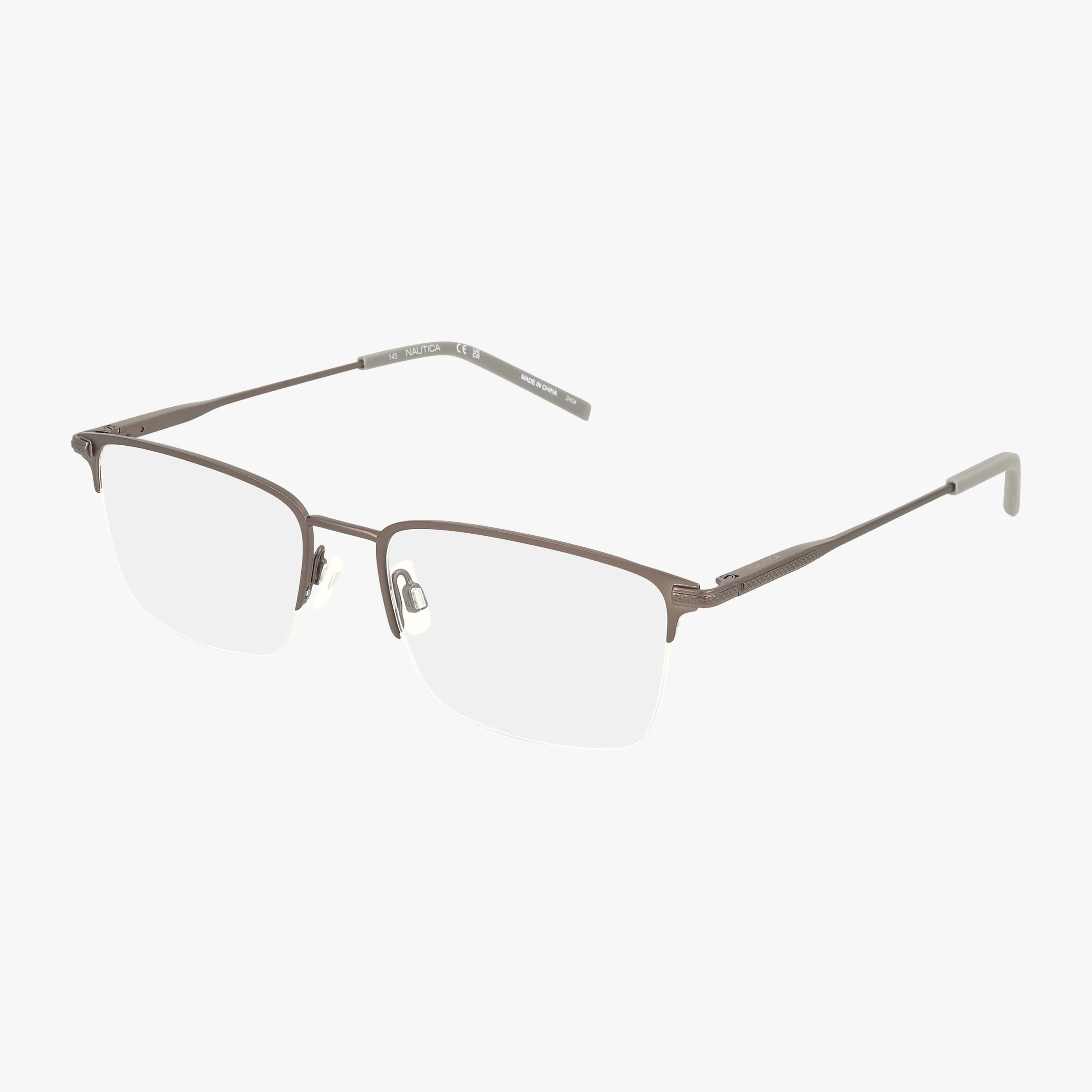 The N7333 features brown, semi-rimless, rectangular prescription eyeglasses with a modern frame and thin metal arms, shown on a white background.