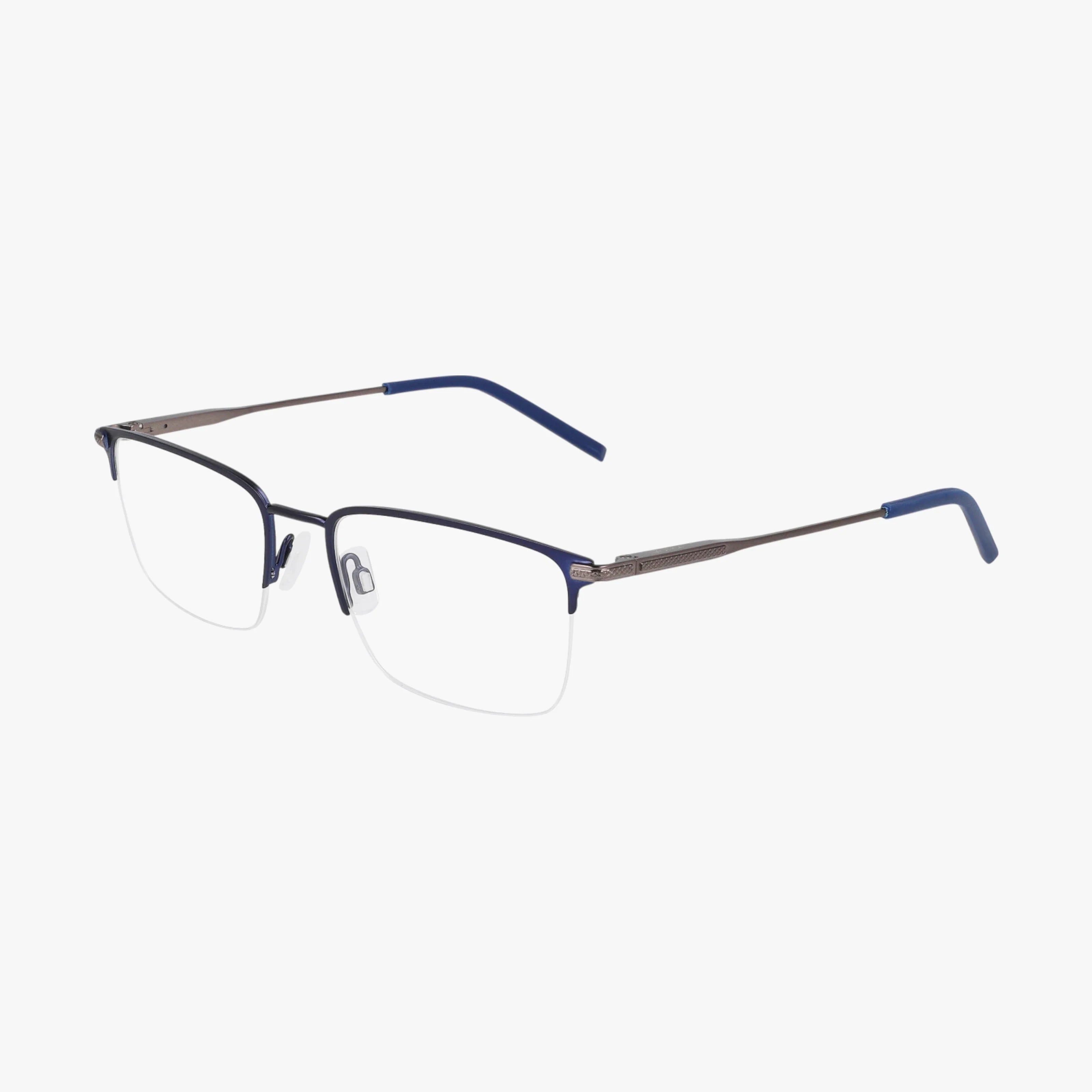 The N7333 features semi-rimless rectangular prescription lenses, thin durable metal frames, and blue accents on the temples and ear tips, displayed on a white background.