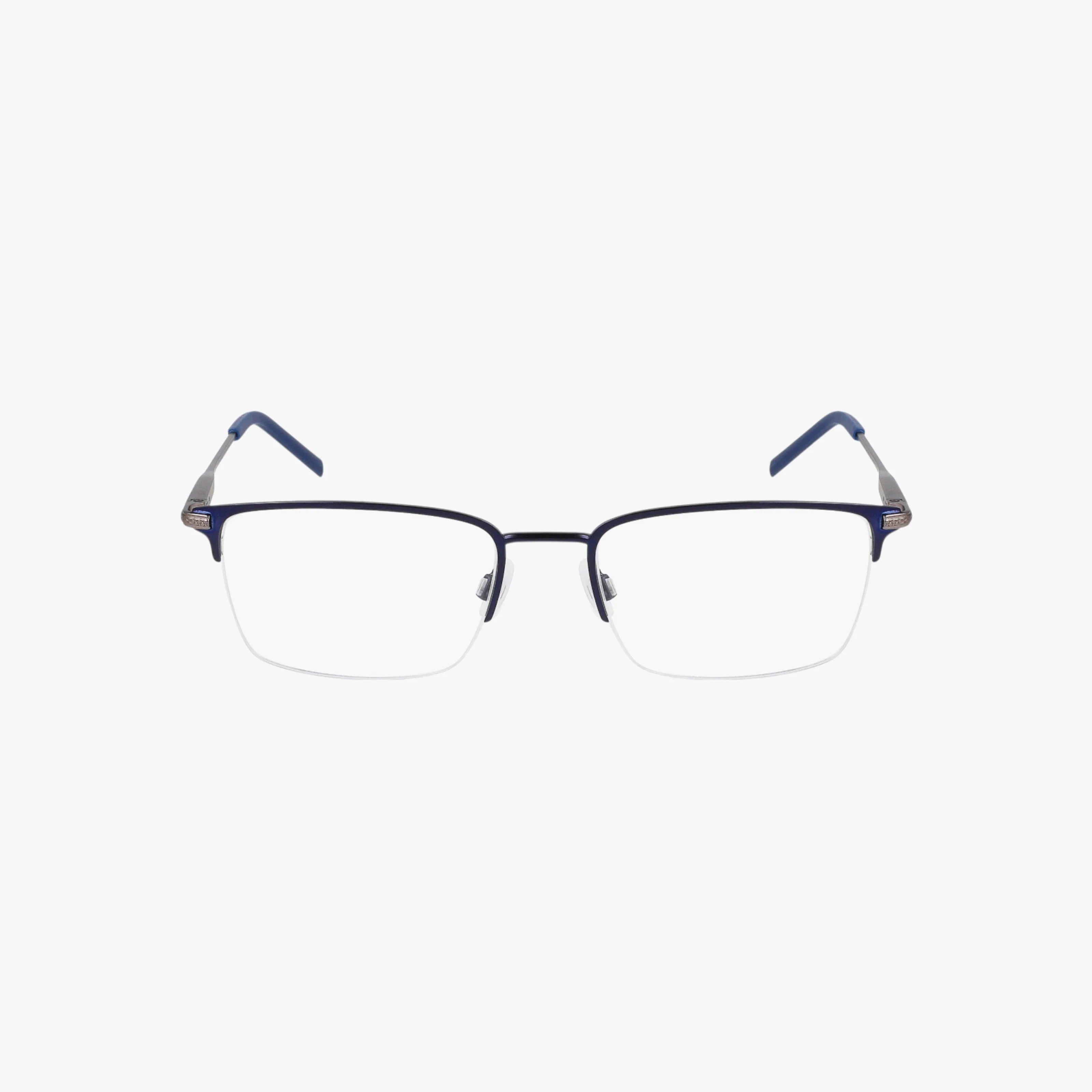 The N7333 features rectangular, semi-rimless eyeglasses with a black metal upper frame and blue temple arms, modern styling, and prescription lenses, shown on a plain white background.
