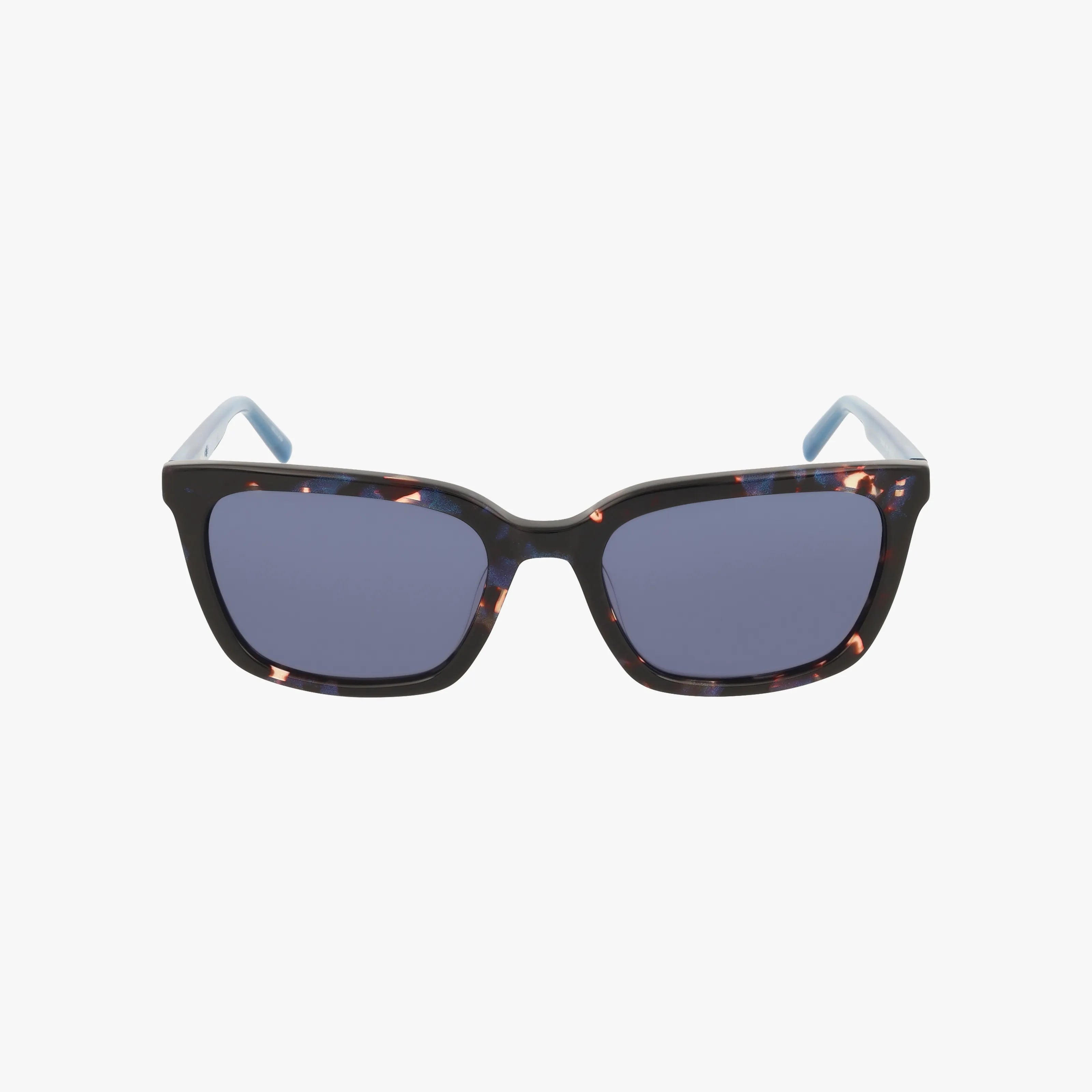 The DK546S sunglasses feature dark blue lenses and a glossy dark tortoiseshell frame with hints of brown and blue, finished with modern light blue arm tips. Shown on a plain white background.