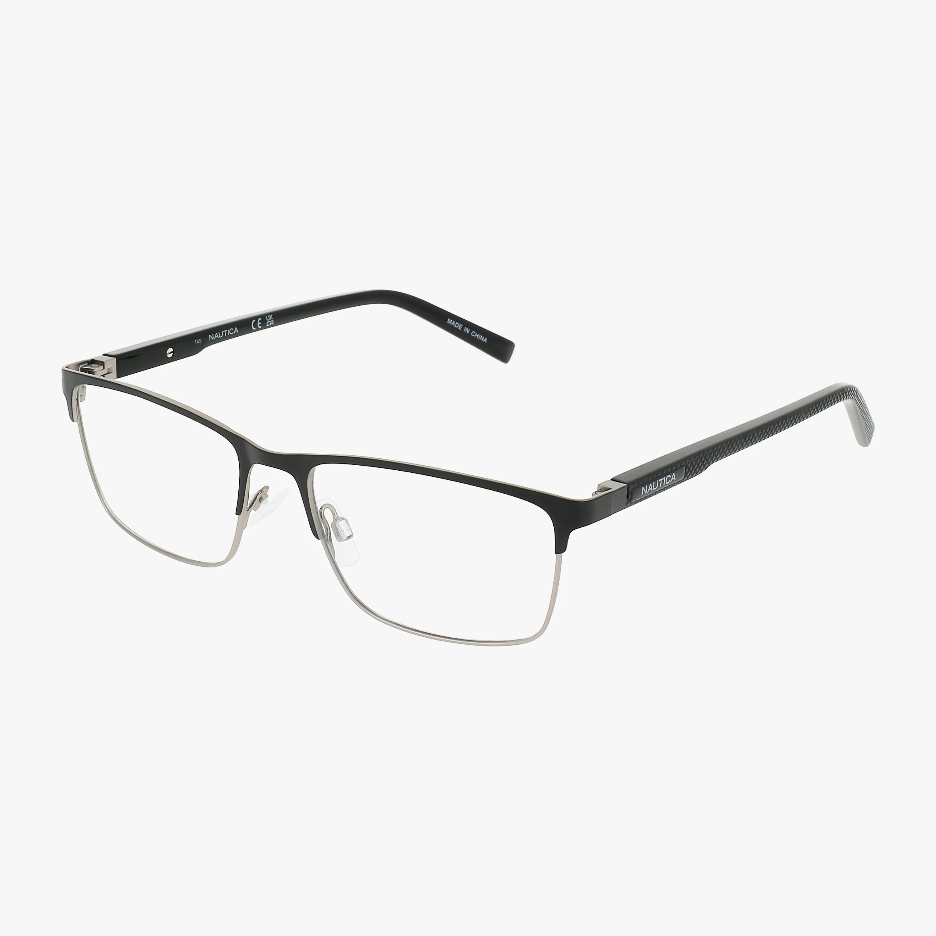 The N7335 by Nautica features rectangular black-on-top and silver-metal-bottom frames, clear nose pads, and black temples with a subtle pattern.