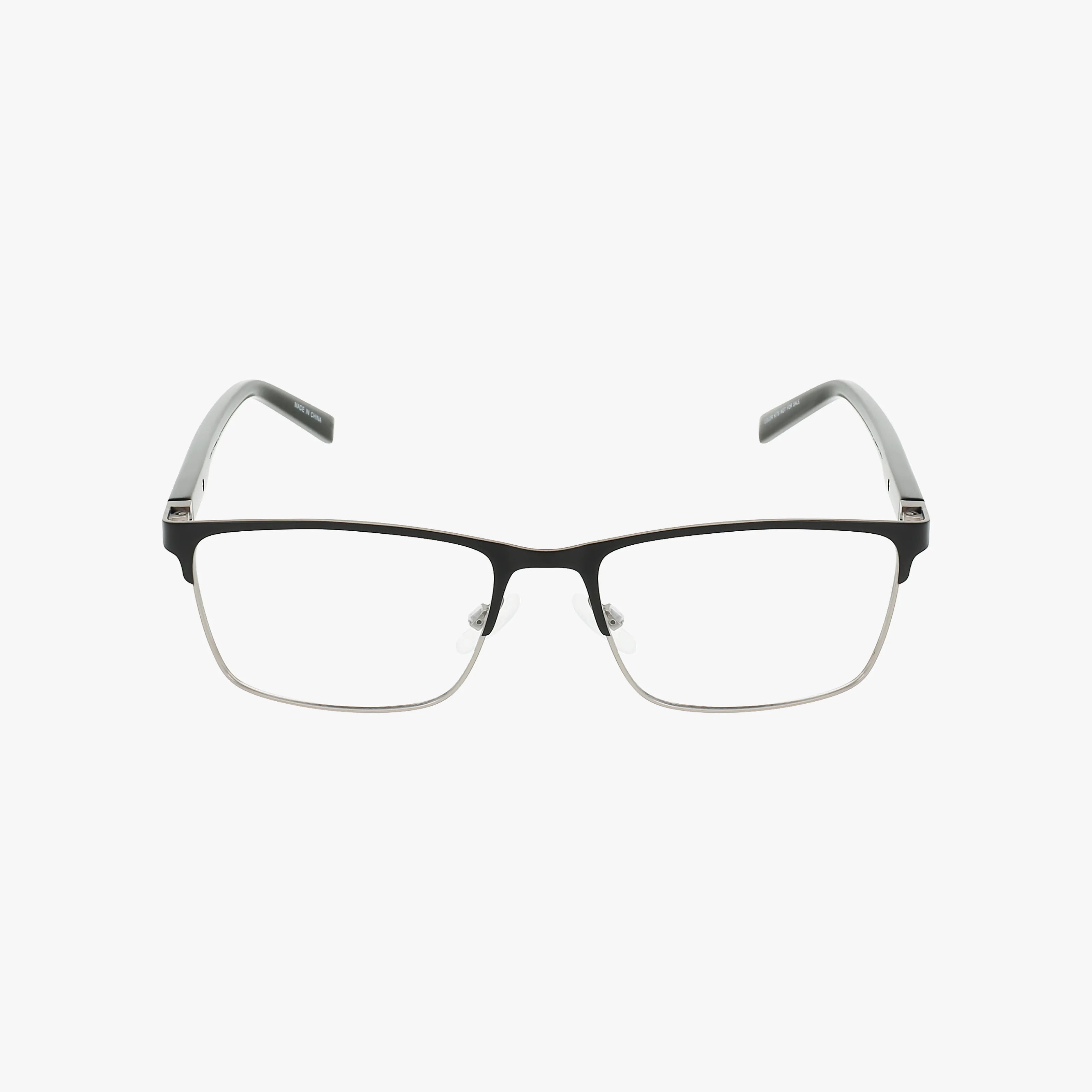 The Nautica N7335 eyewear features a rectangular design with a black top frame, silver metal accents, clear prescription lenses, and gray temple arms, displayed on a white background.