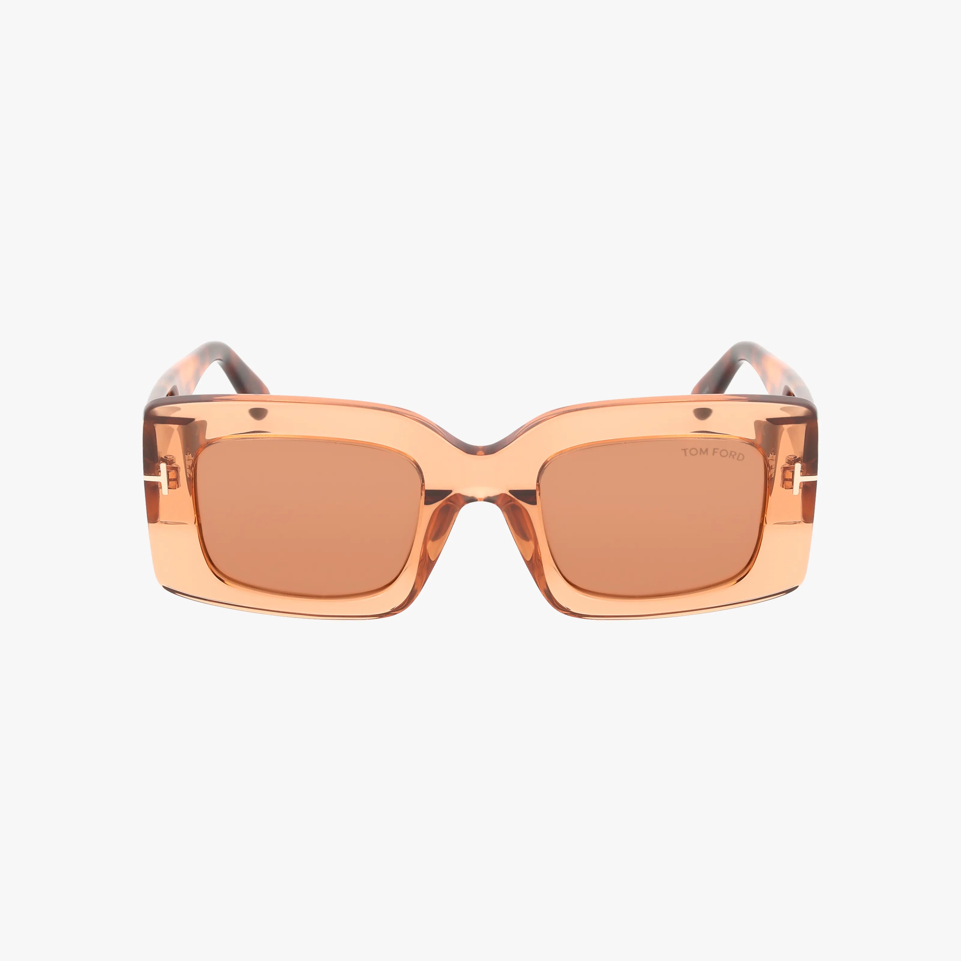 FT1188S rectangular sunglasses feature thick, translucent peach frames and matching tinted lenses. Lightweight for comfort, they're ideal for outdoor adventures. The Tom Ford logo appears subtly on the right lens, viewed from the front.