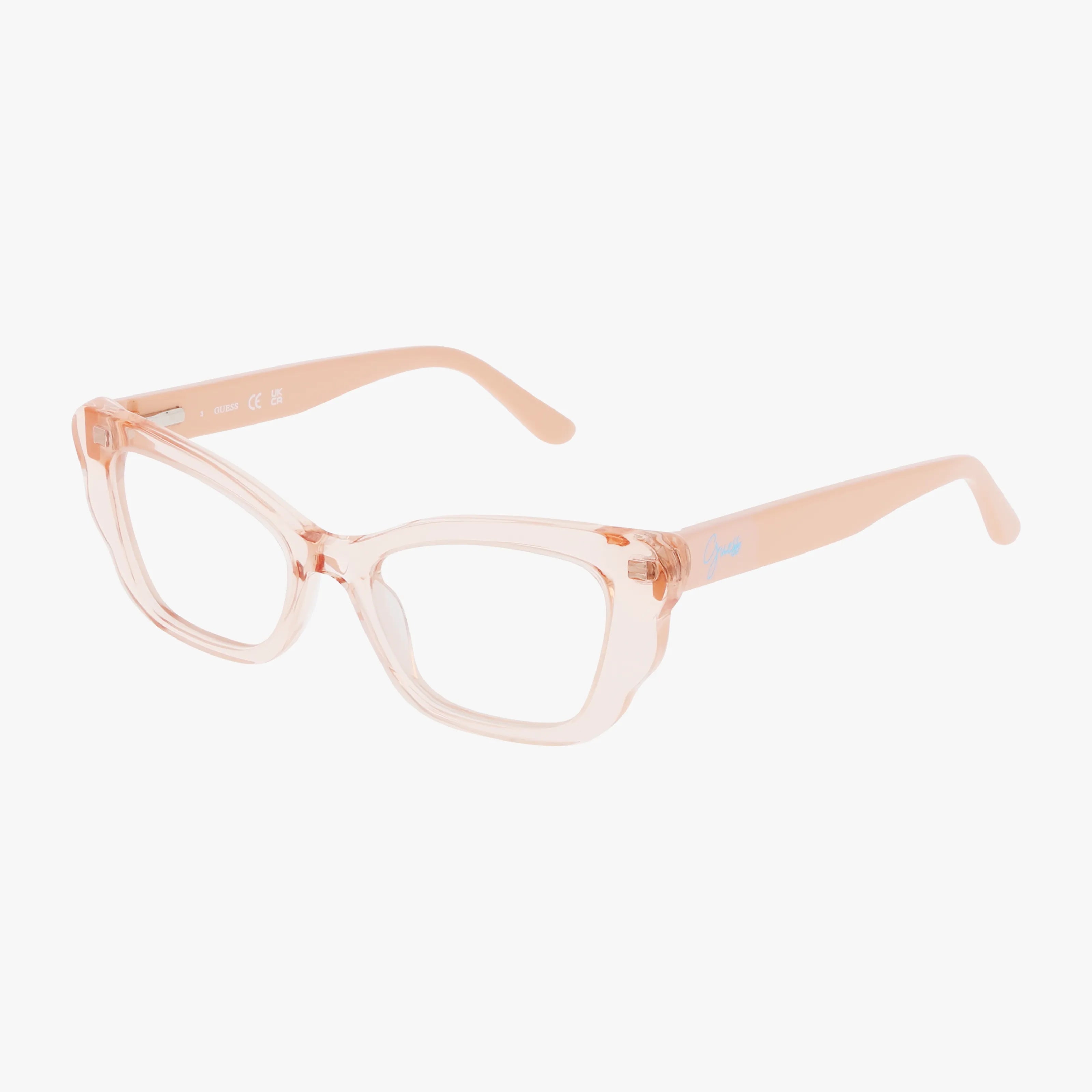 The 50264 are clear peach, square-framed eyeglasses with thick rims and slightly curved arms, perfect for a sharp, smart look and shown on a white background.