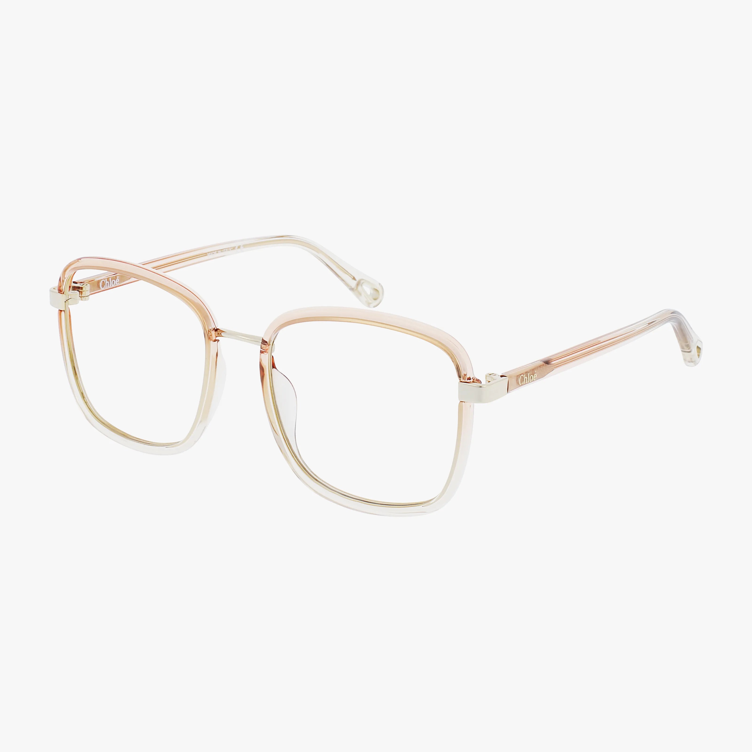The CH0034O eyeglasses feature a clear square frame with classic lines, a hint of gold, and thin transparent arms, shown against a white background.