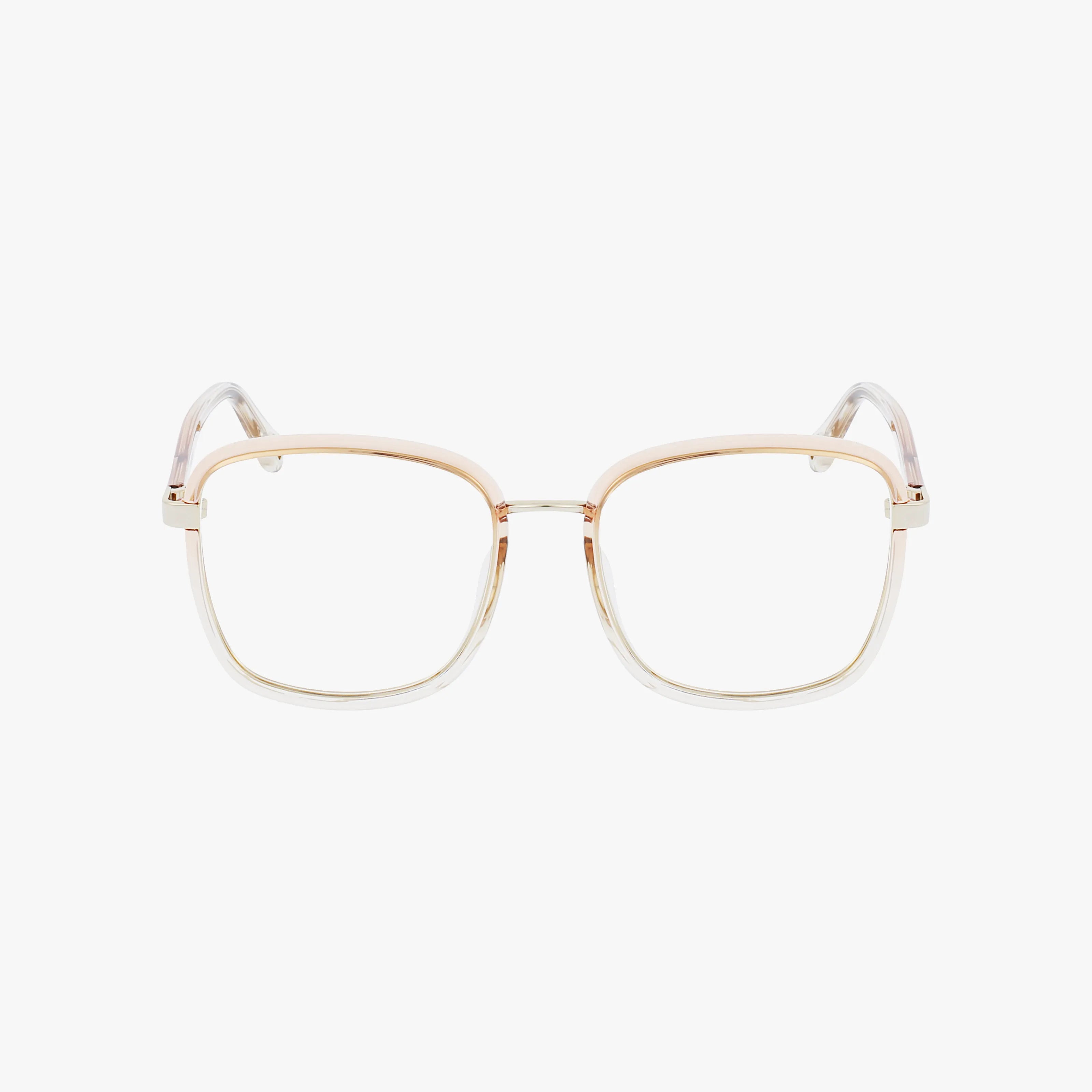 The CH0034O features square-shaped eyeglasses with thin gold metal frames, classic lines, and clear plastic accents on the rims, displayed against a plain white background.