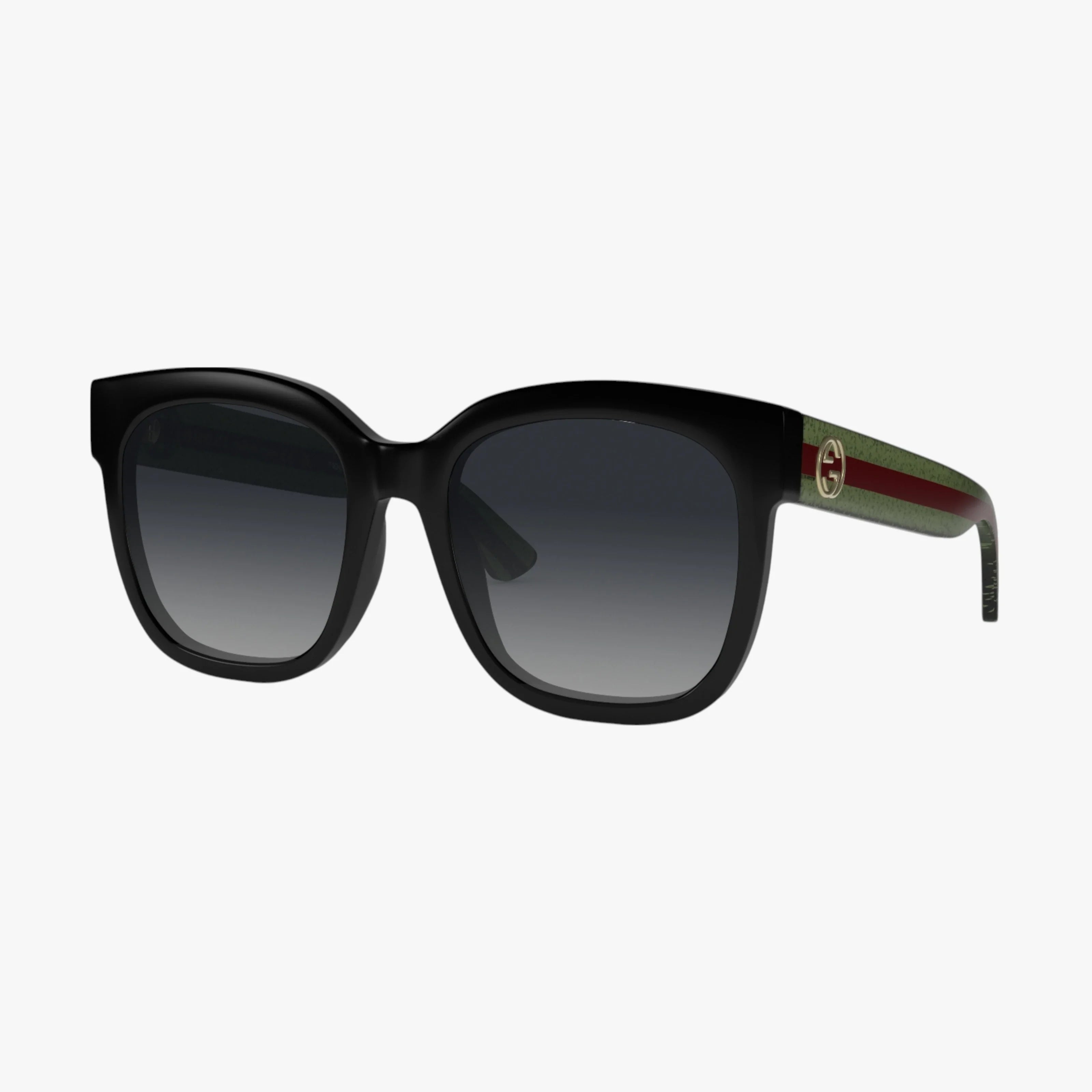 The GG0034SN sunglasses feature black square frames, dark gradient lenses, green-red stripes, and a gold Gucci logo on the temples—perfect fashion eyewear for any occasion.